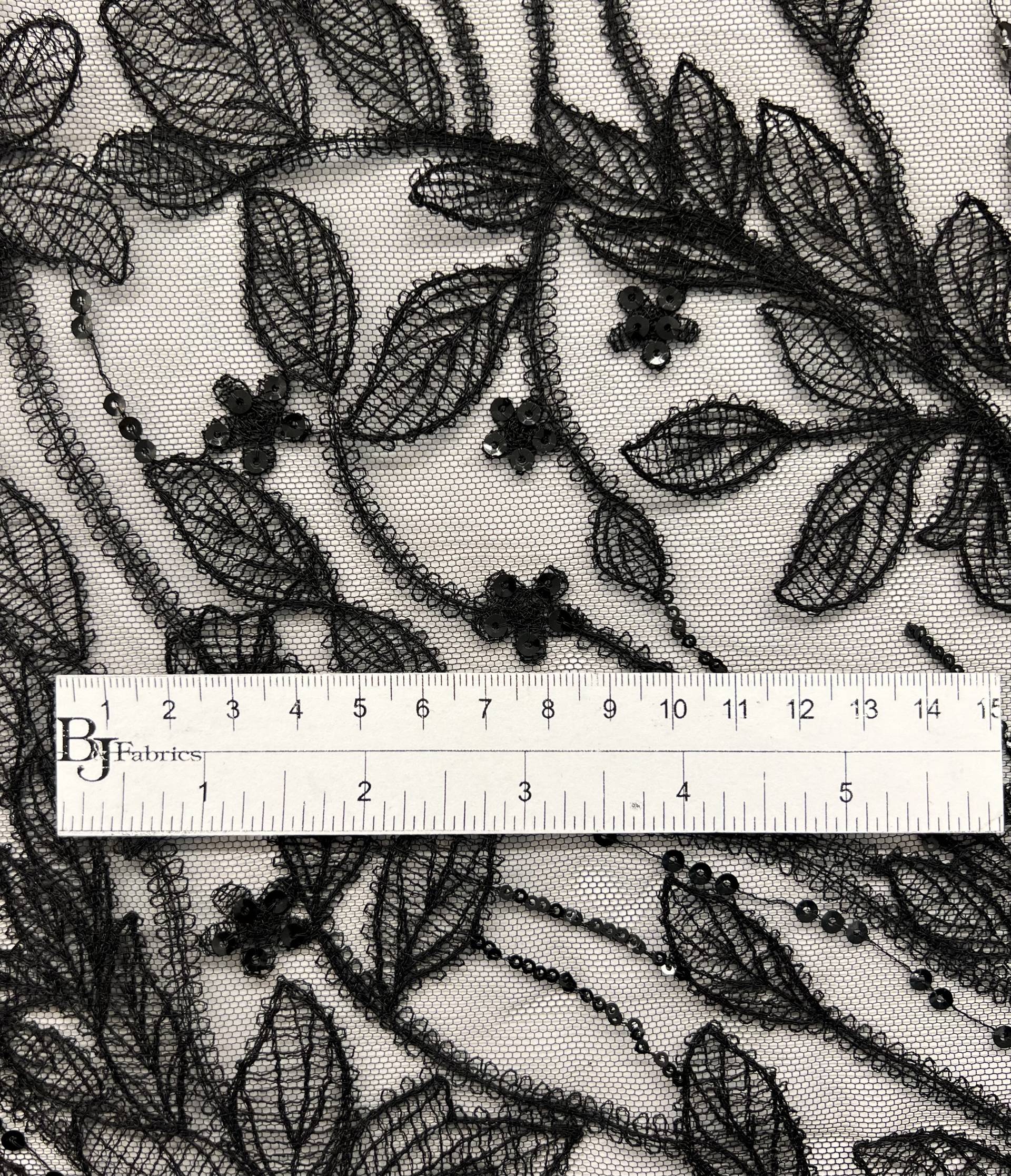Embroidered Tulle with Botanicals and Sequins Accents in Black