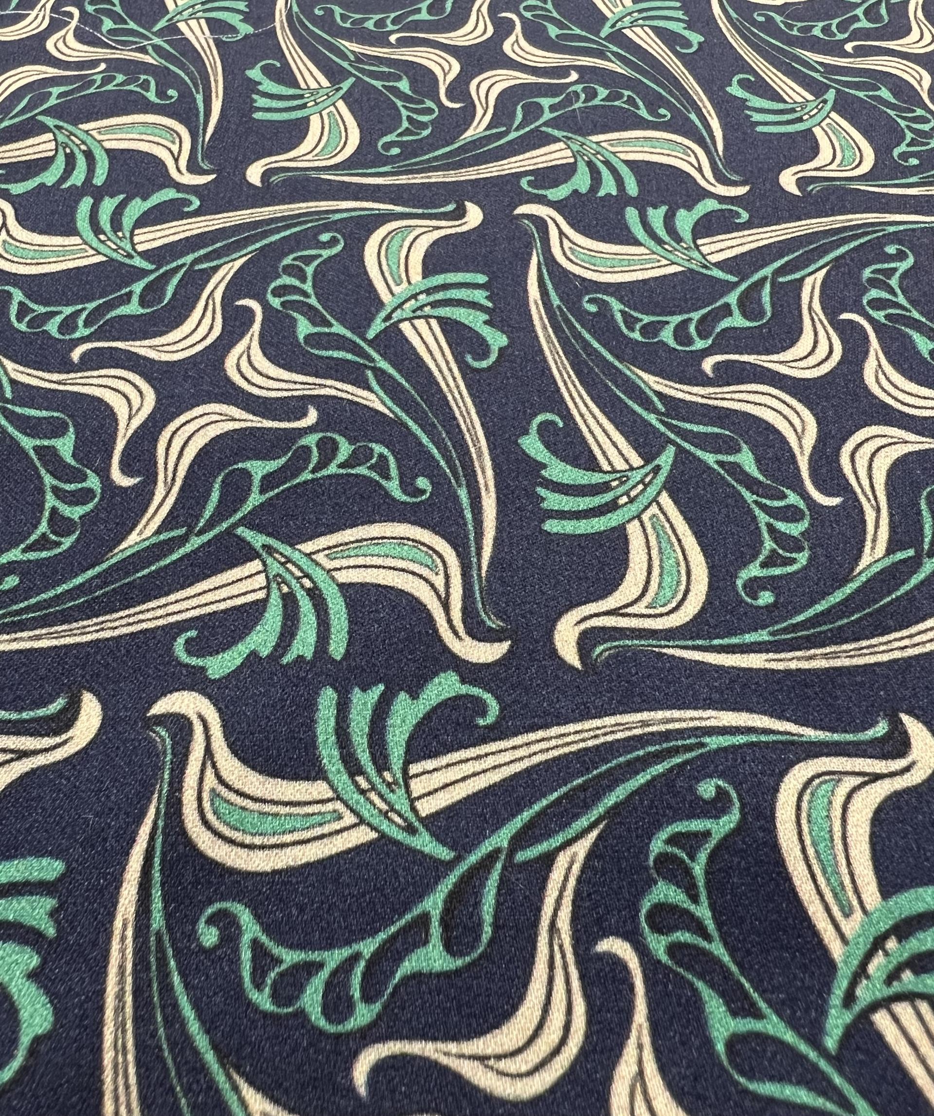 Printed Viscose Sateen Challis on Navy Ground