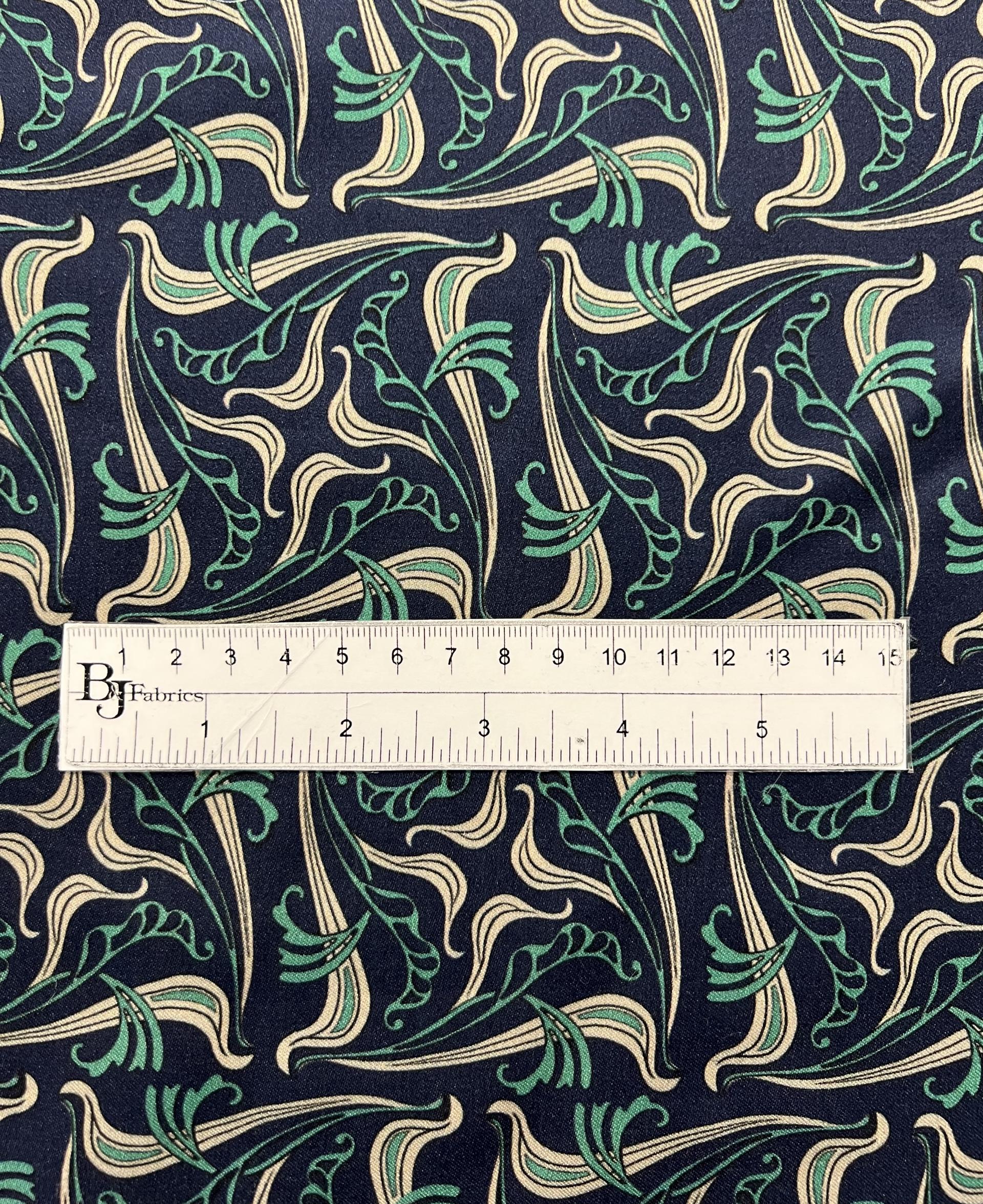 Printed Viscose Sateen Challis on Navy Ground