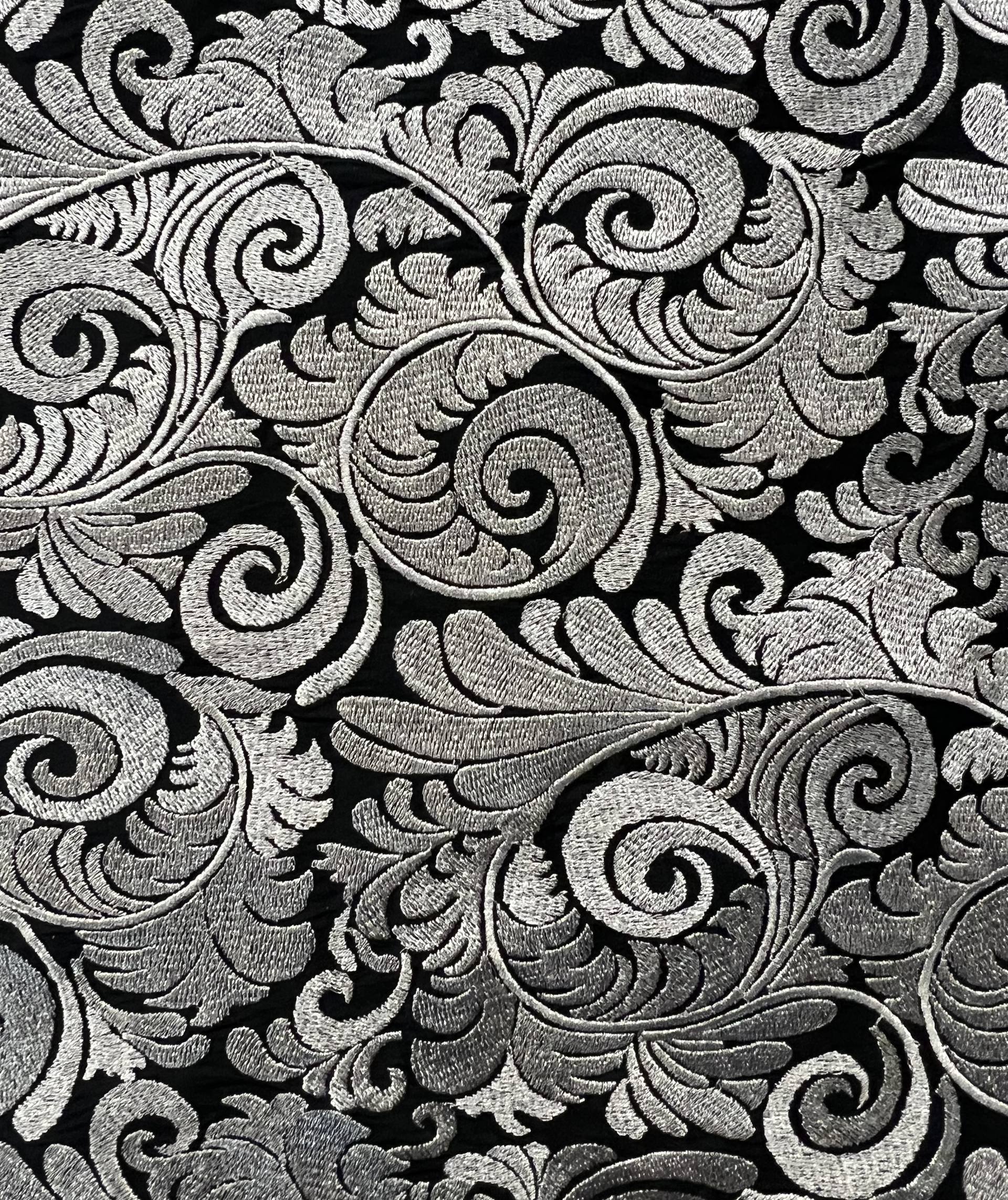 Embroidered Black Taffeta in Silver