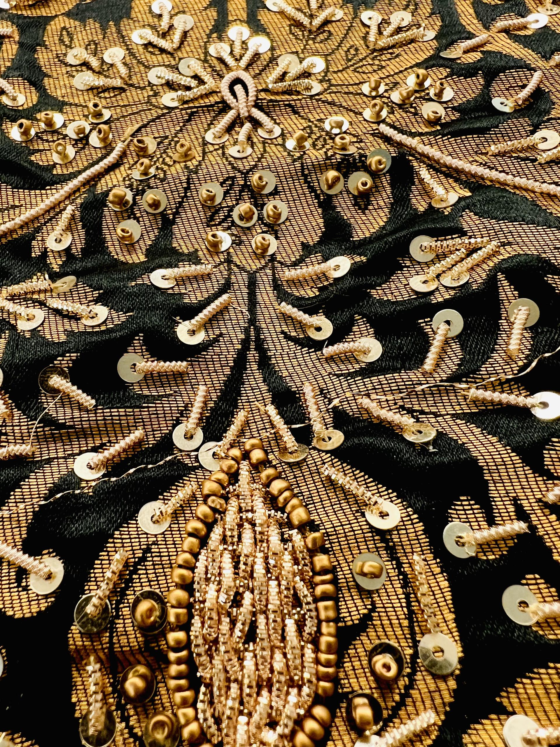 Hand Beaded Rayon Blended Brocade in Black and Gold