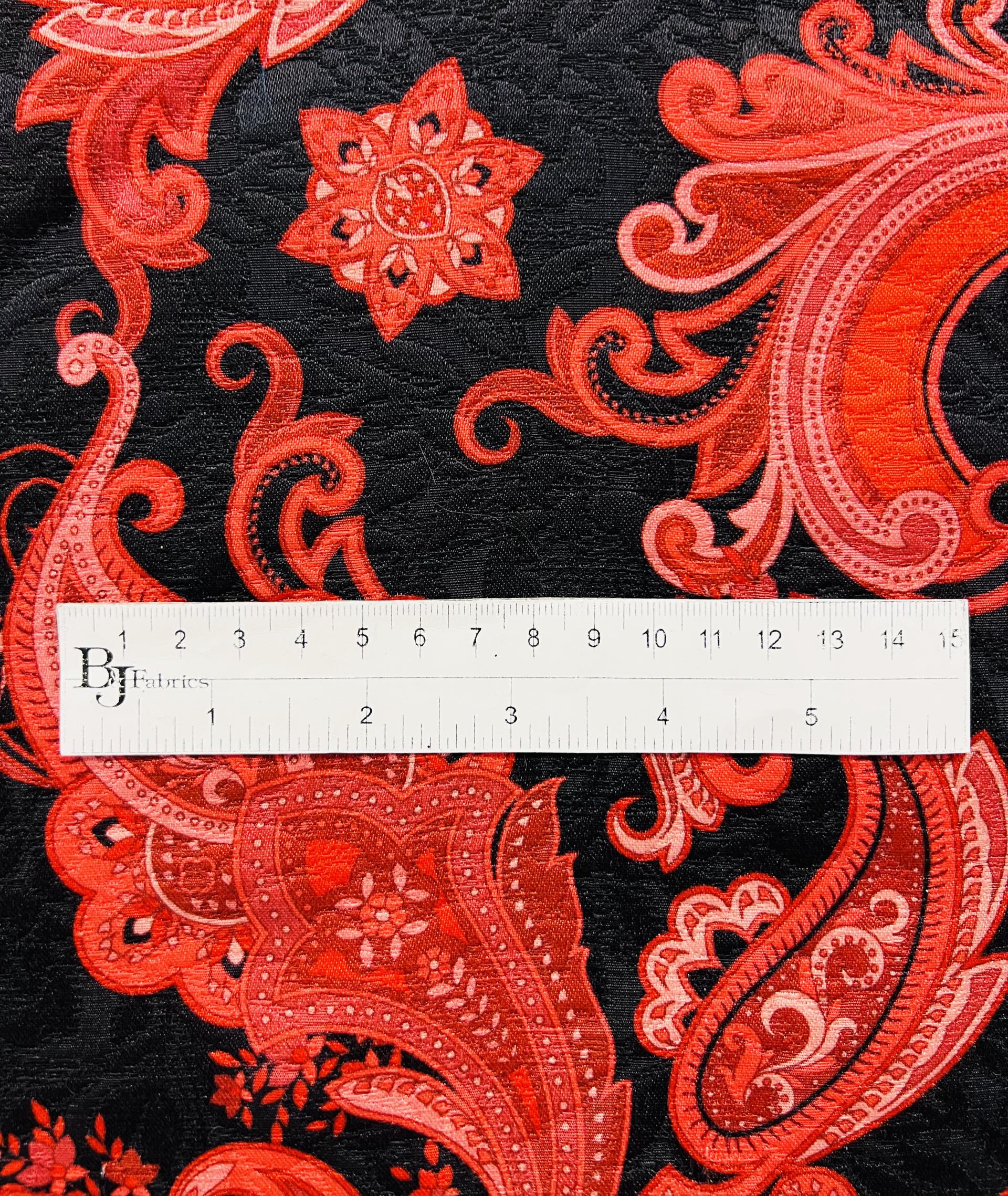 Printed Pure Silk Damask in Coral & Black