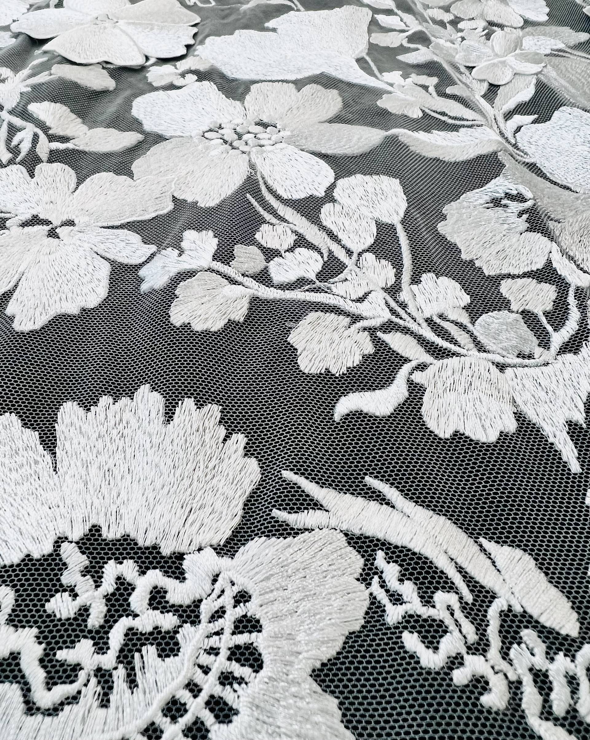 Embroidered Tulle in White Made To Order