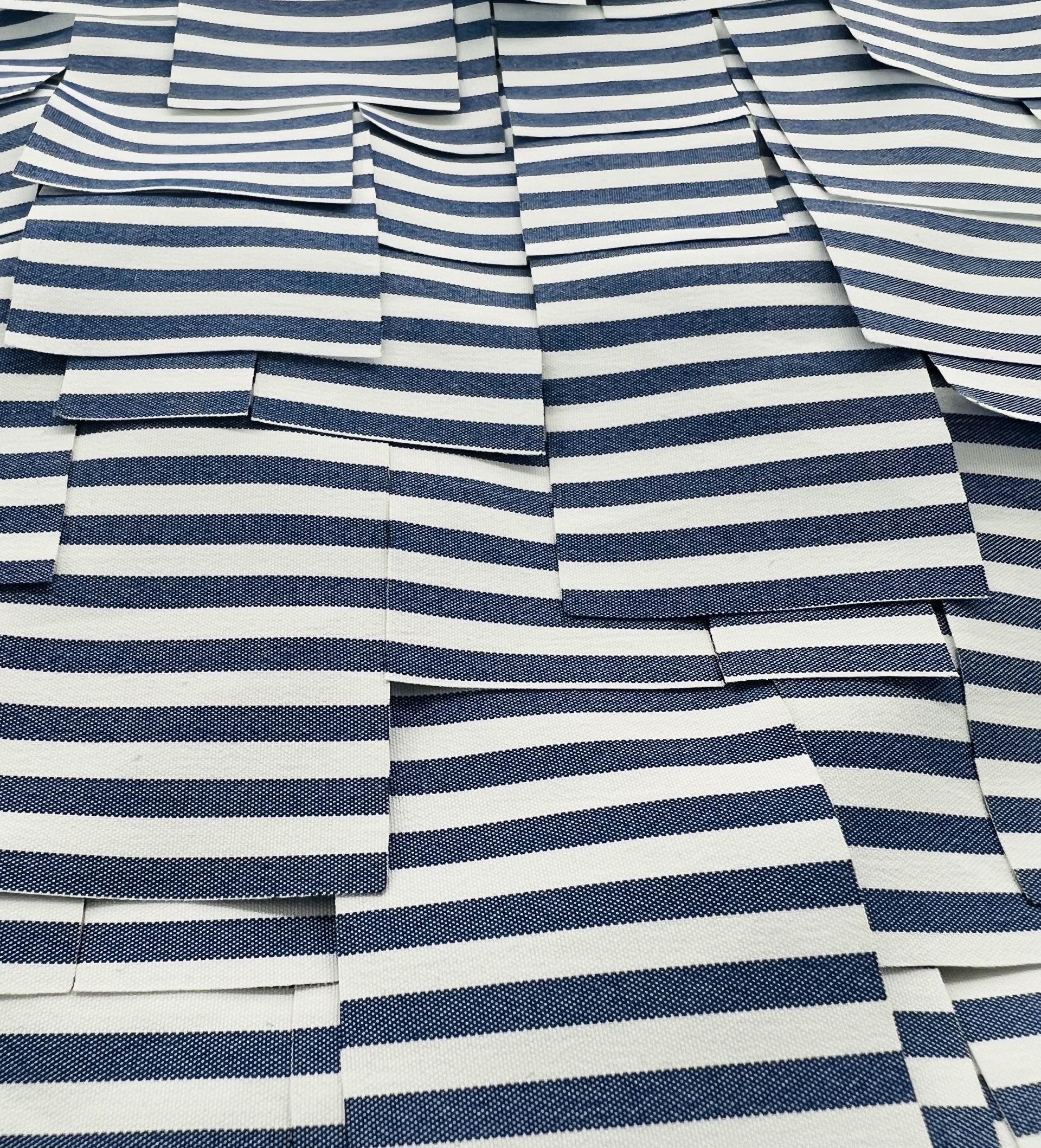 Laser Cut Polyester Shirting in Blue & White stripe Ruffle