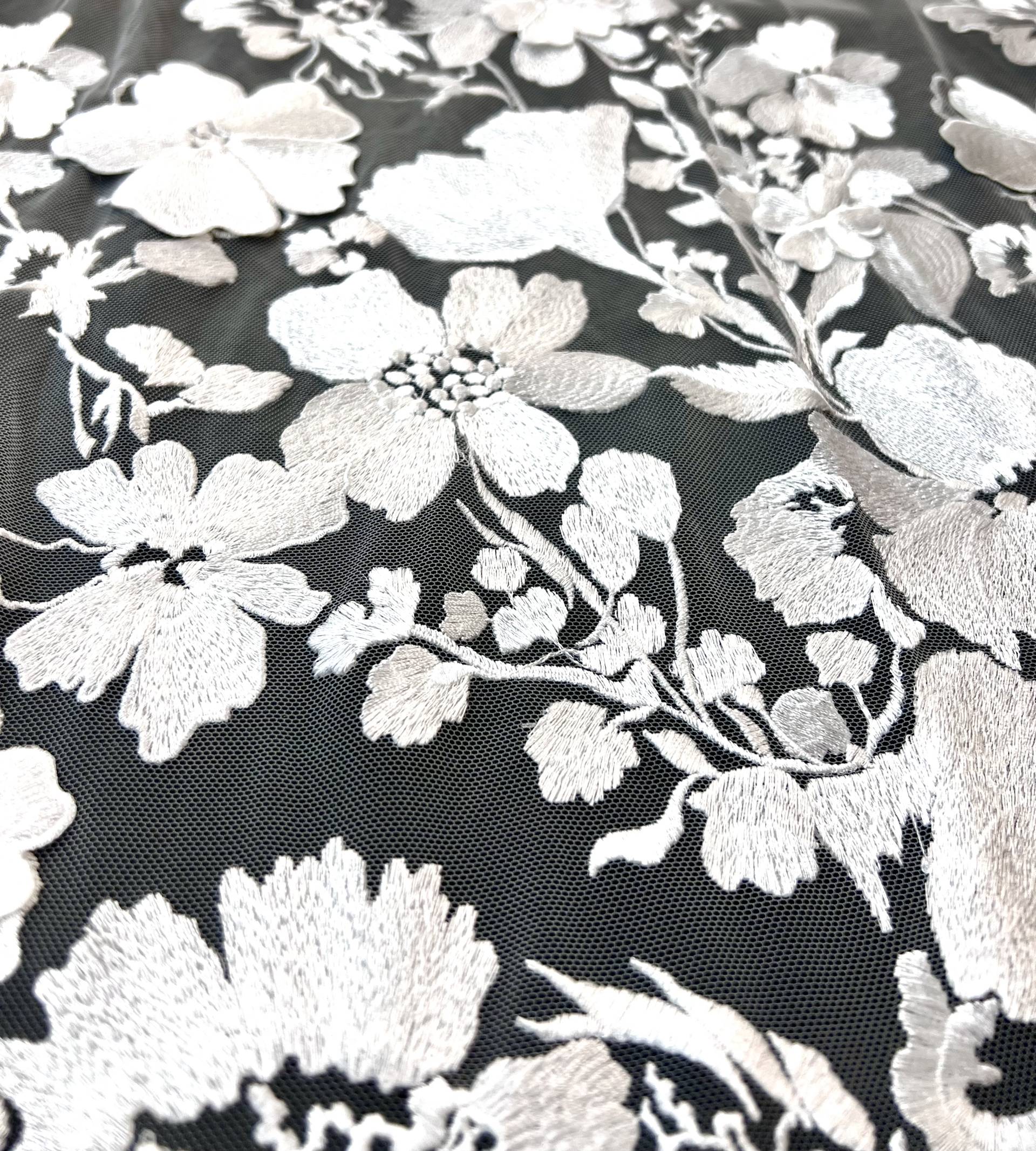 Embroidered Tulle in White Made To Order