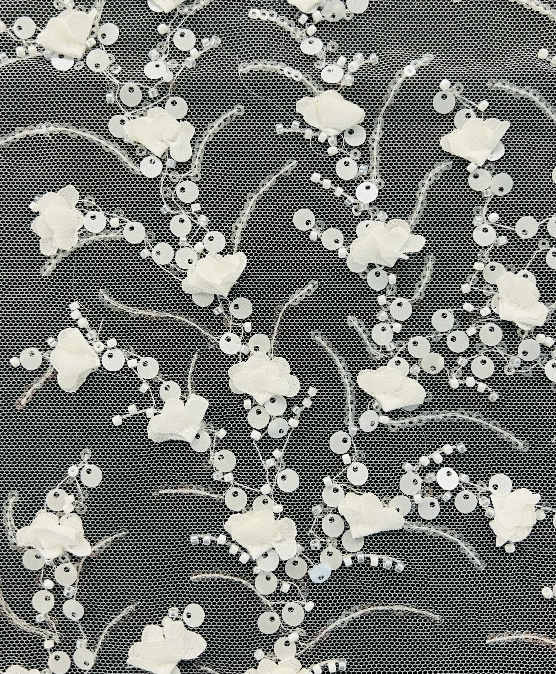 Hand Beaded and Sequined Nylon Tulle in White