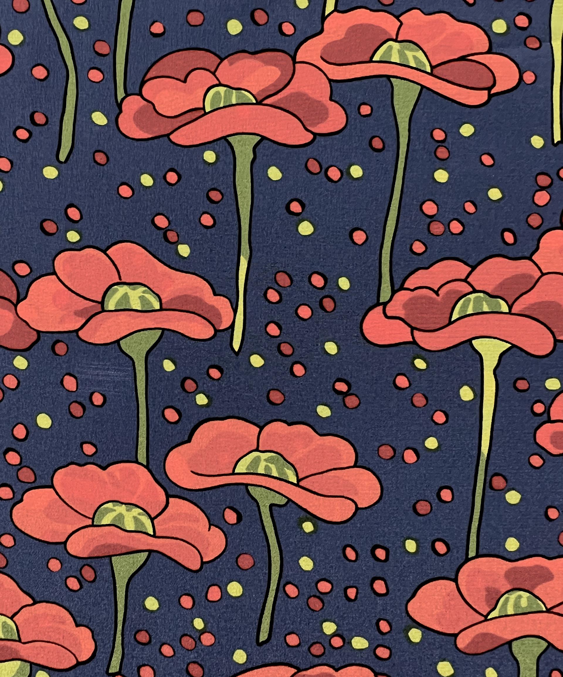 Printed Silk Crepé de Chiné On Navy