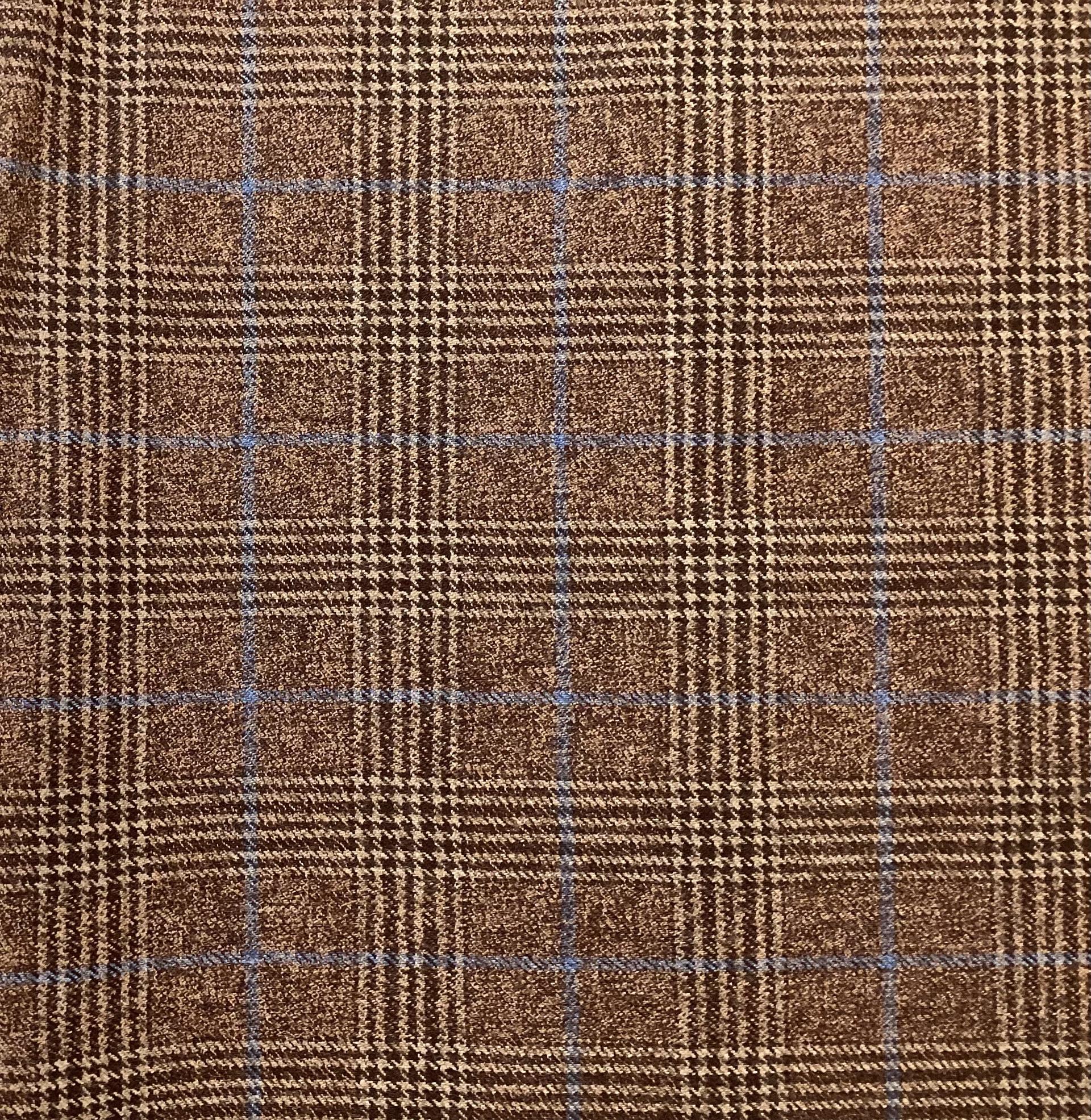 Made in England 100% Wool Super 110's Glen Plaid in Coconut Shell with Blue
