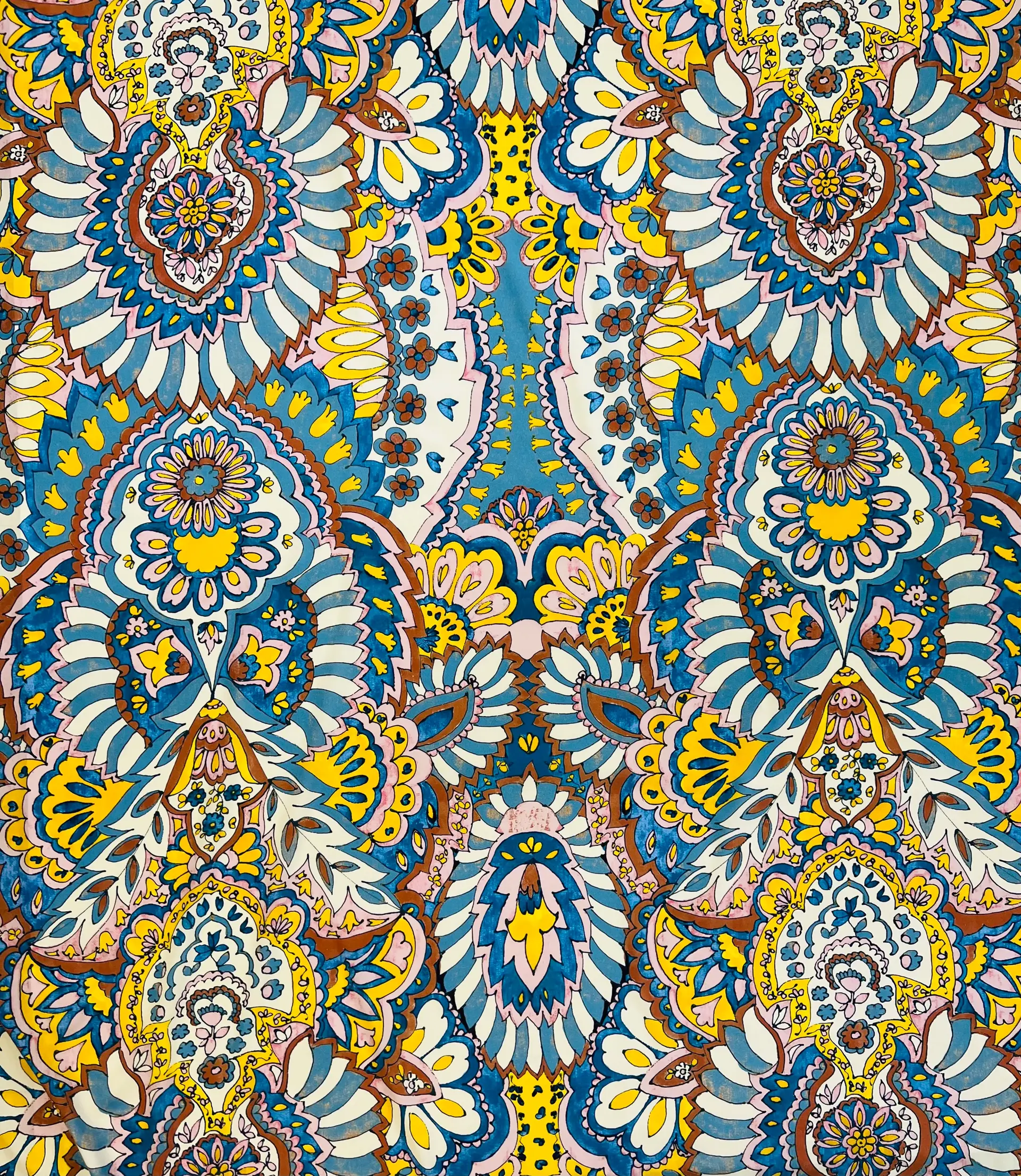 Printed Stretch Silk Crepé de Chine in Yellow, Blues and Browns