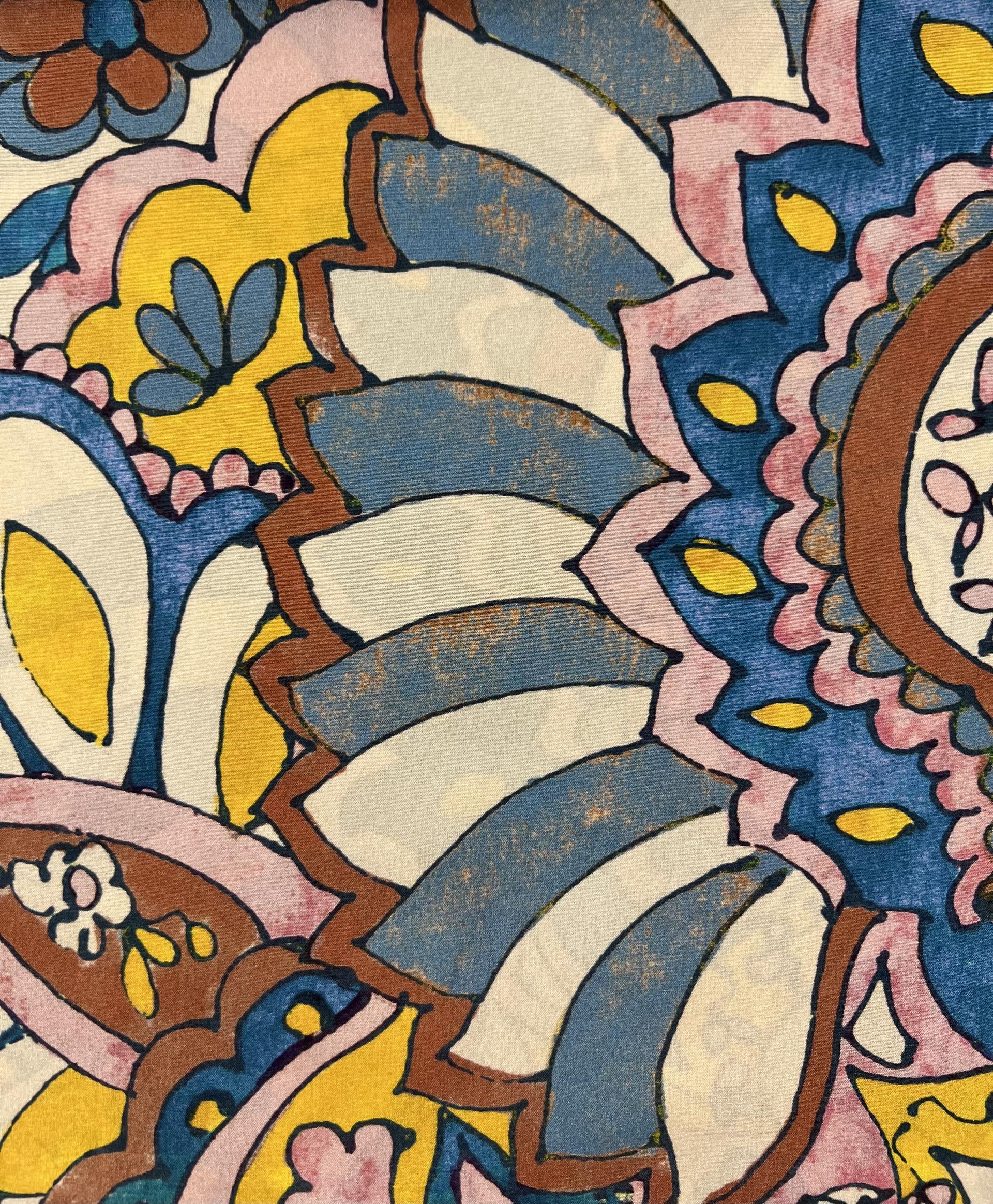 Printed Stretch Silk Crepé de Chine in Yellow, Blues and Browns