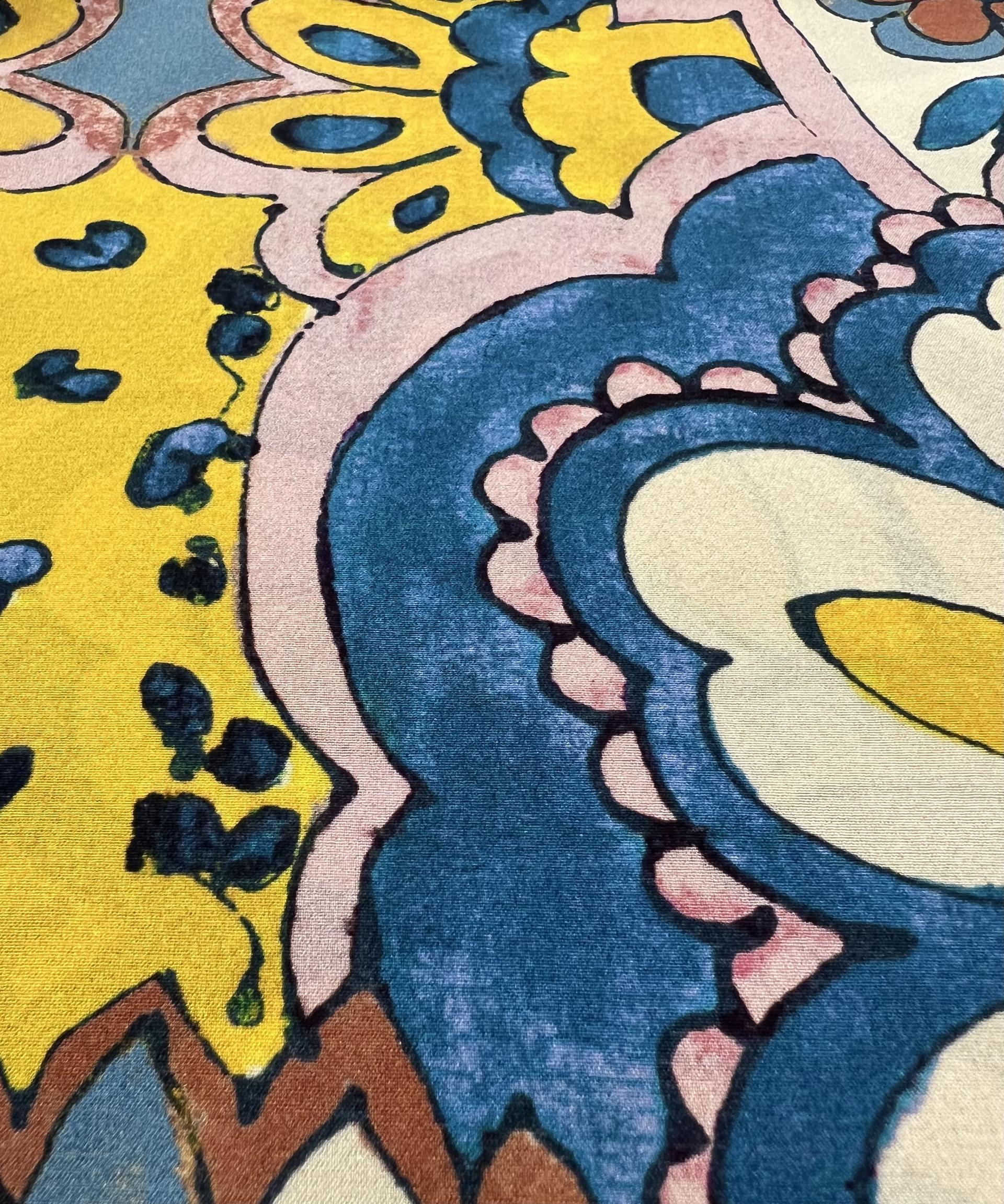 Printed Stretch Silk Crepé de Chine in Yellow, Blues and Browns