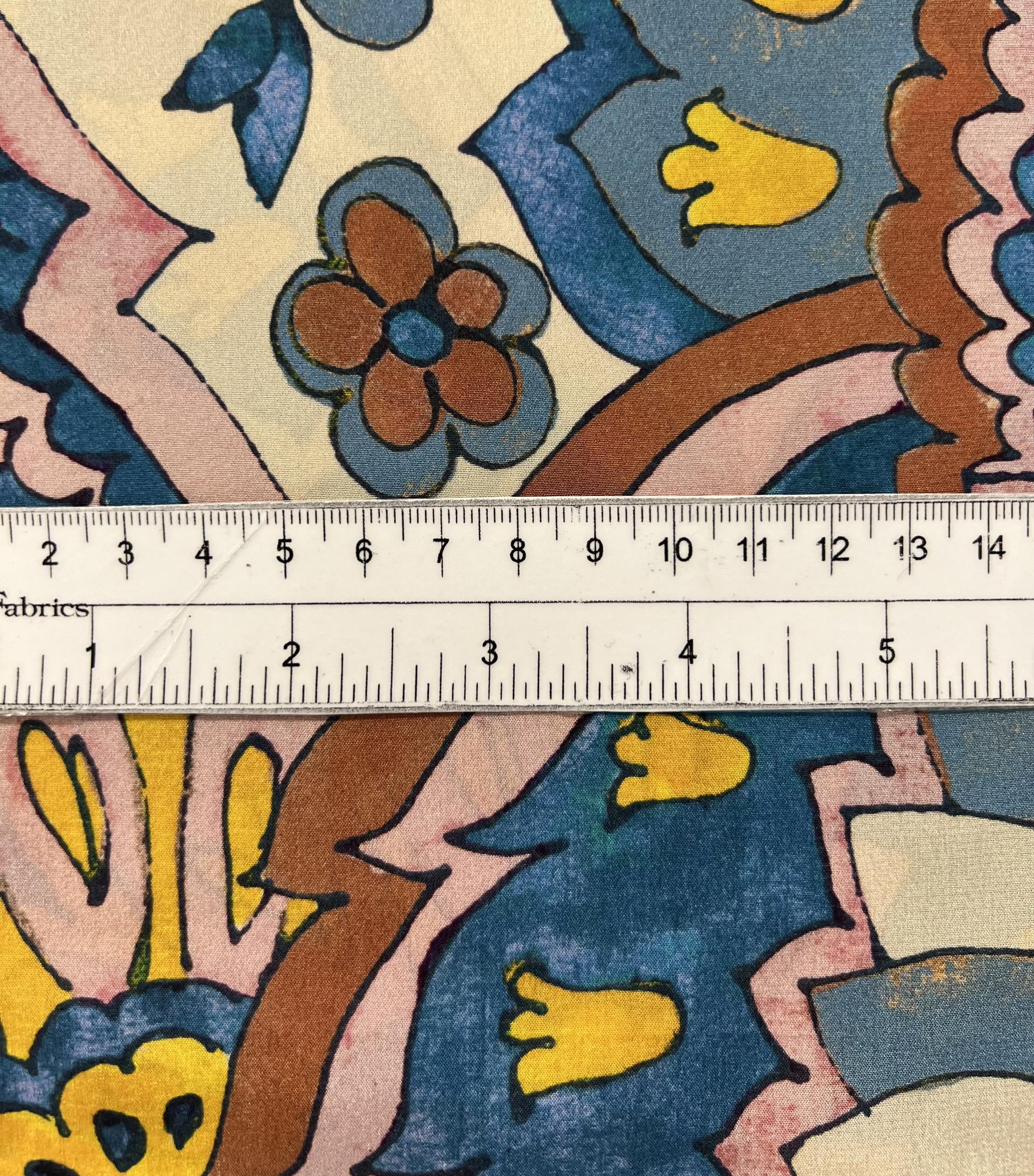 Printed Stretch Silk Crepé de Chine in Yellow, Blues and Browns