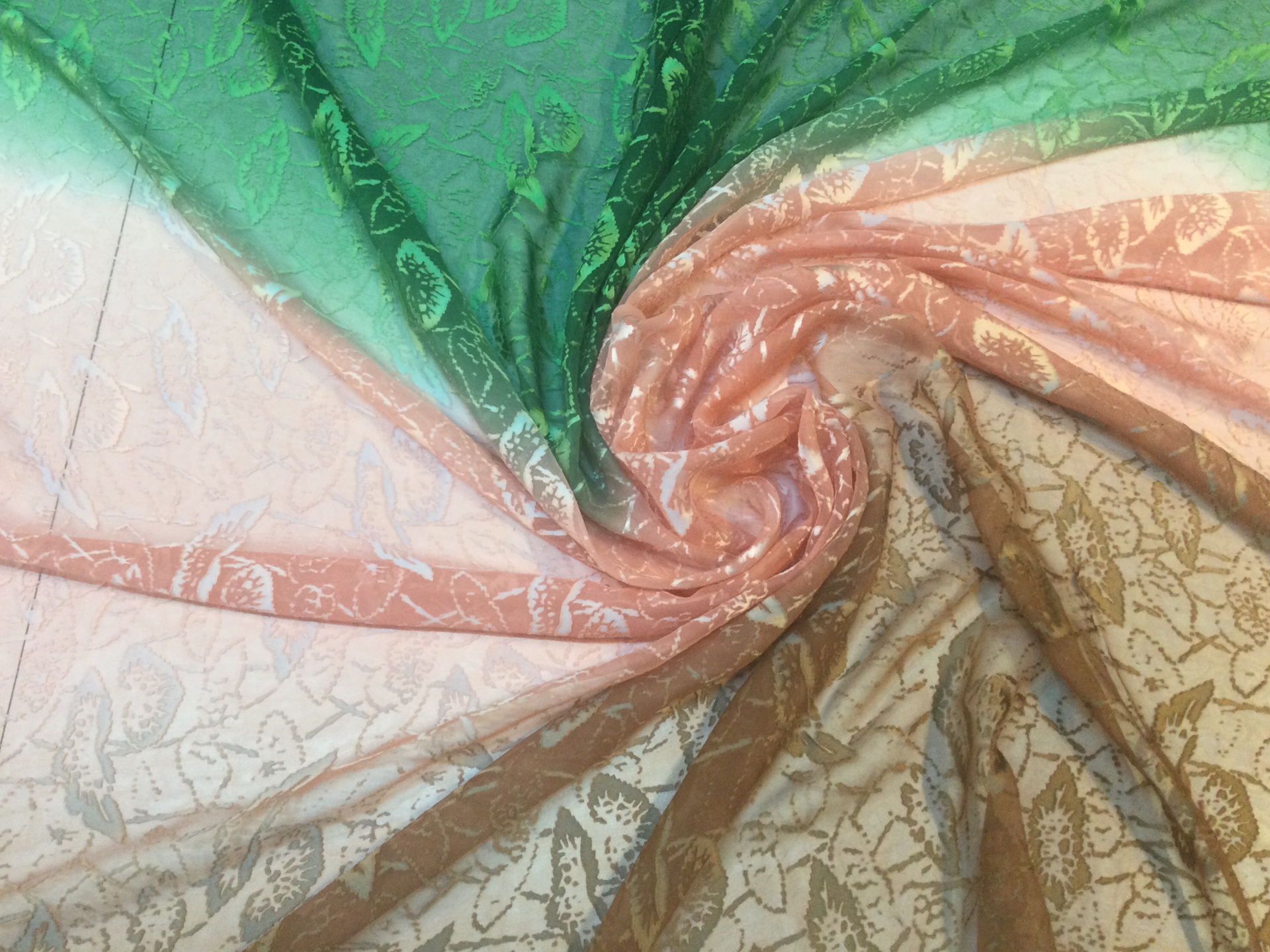 100% Silk Burnout Leafy Pattern Chiffon In Green, Pink & Copper