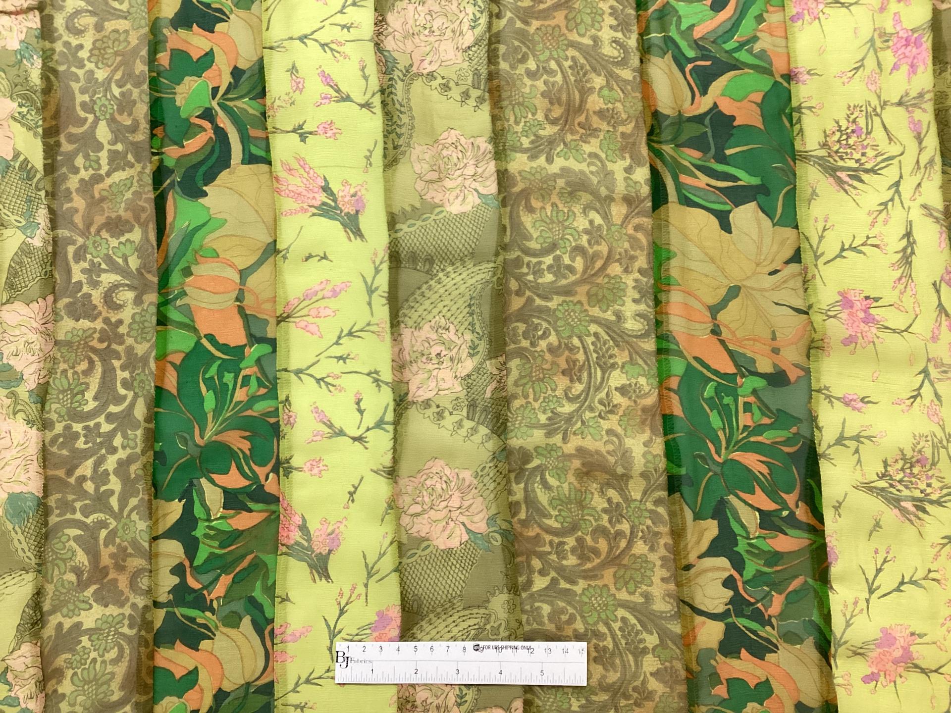 100% Silk Chiffon Strip PieceWork in Greens