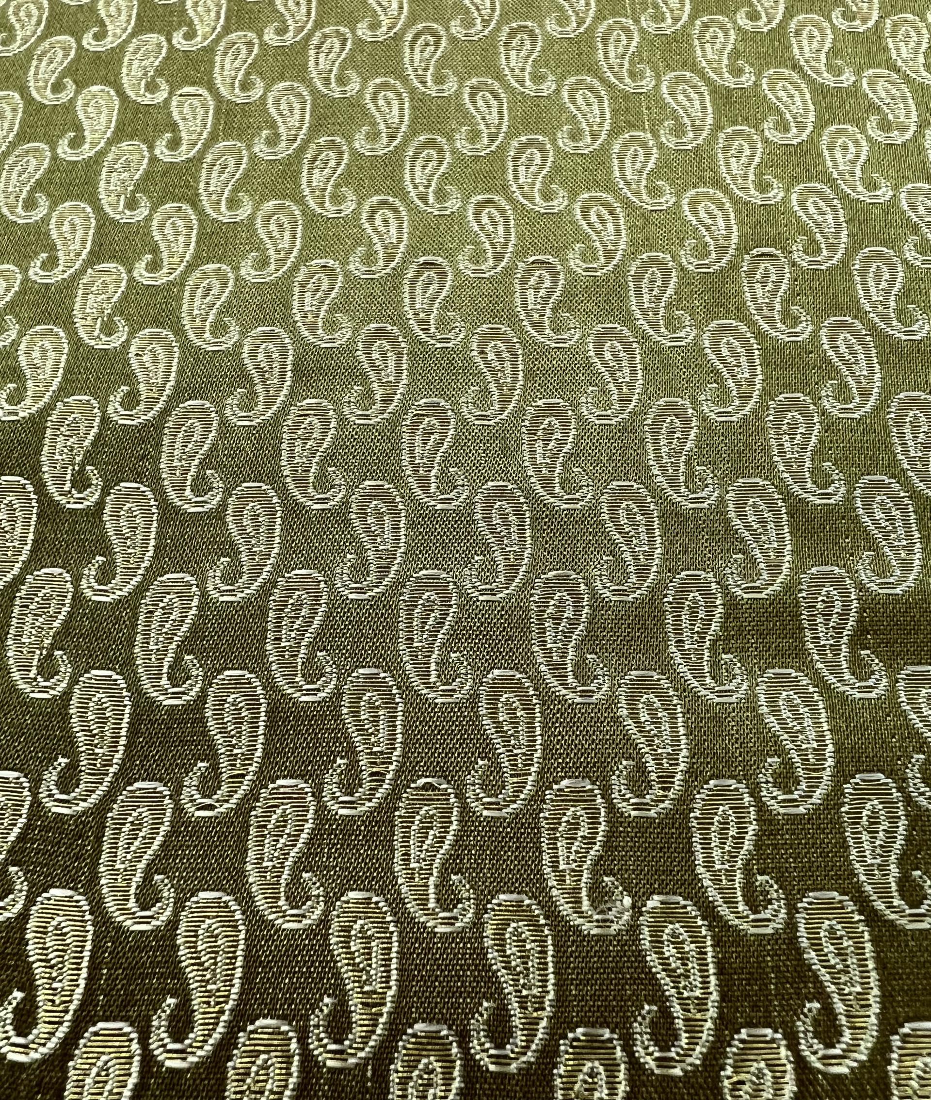 Silk Metallic Small Paisley Brocade in Green & Antique Gold
