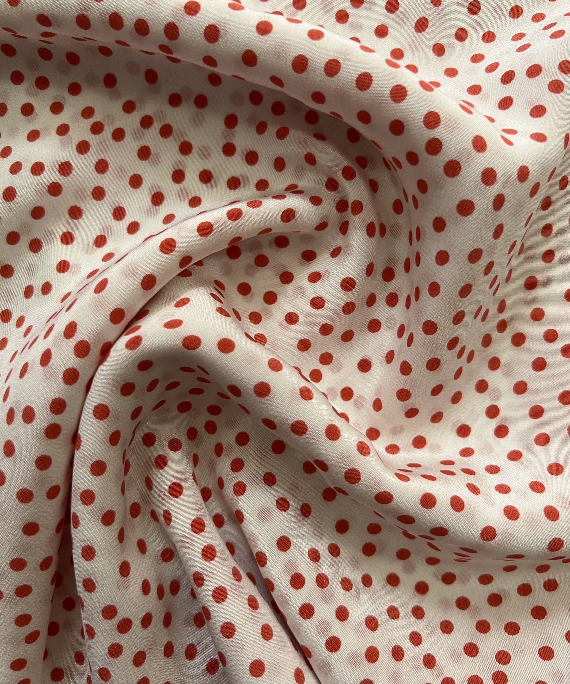 Printed Silk Crepe de Chine in White & Red Polka Dots