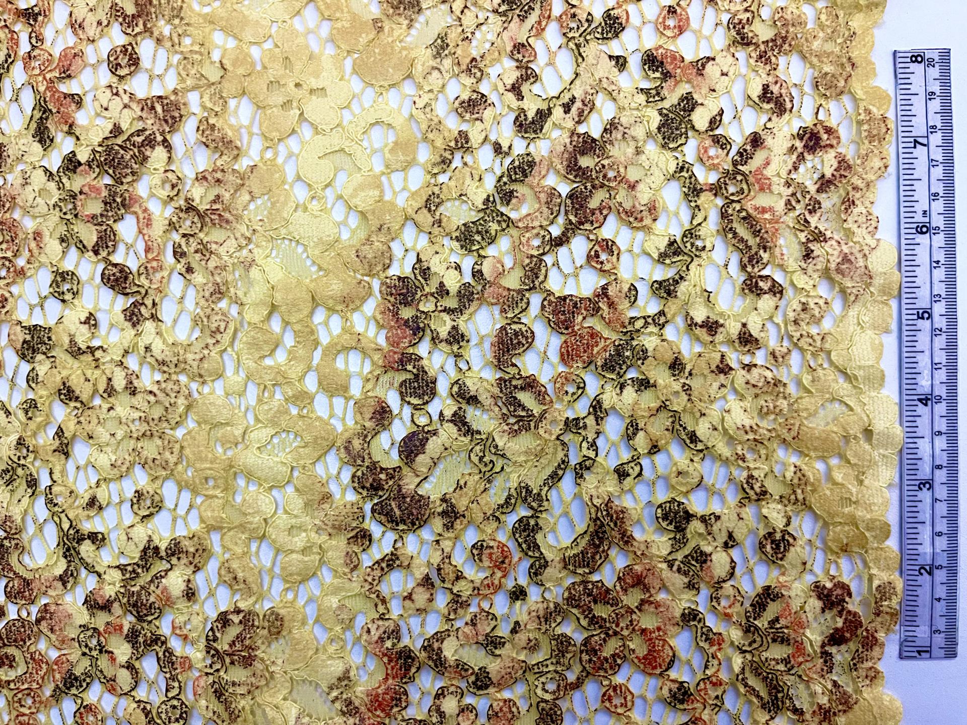 Made in France Printed/Coated Re-embroidered Lace of Calibrachoa Floral Pattern in Yellow, Orange and Brown Colors