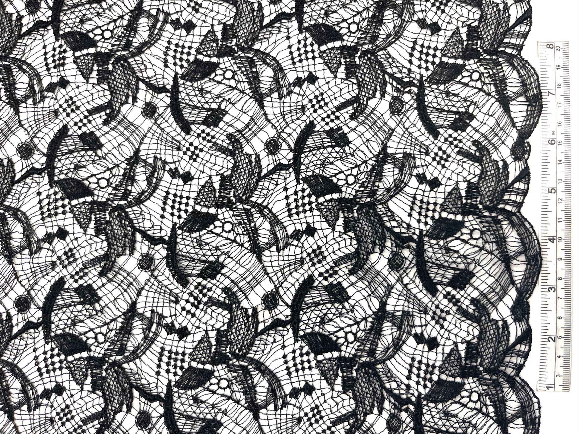 Single Scalloped Black Embroidered Lace in Artisan Brush Stroke Pattern