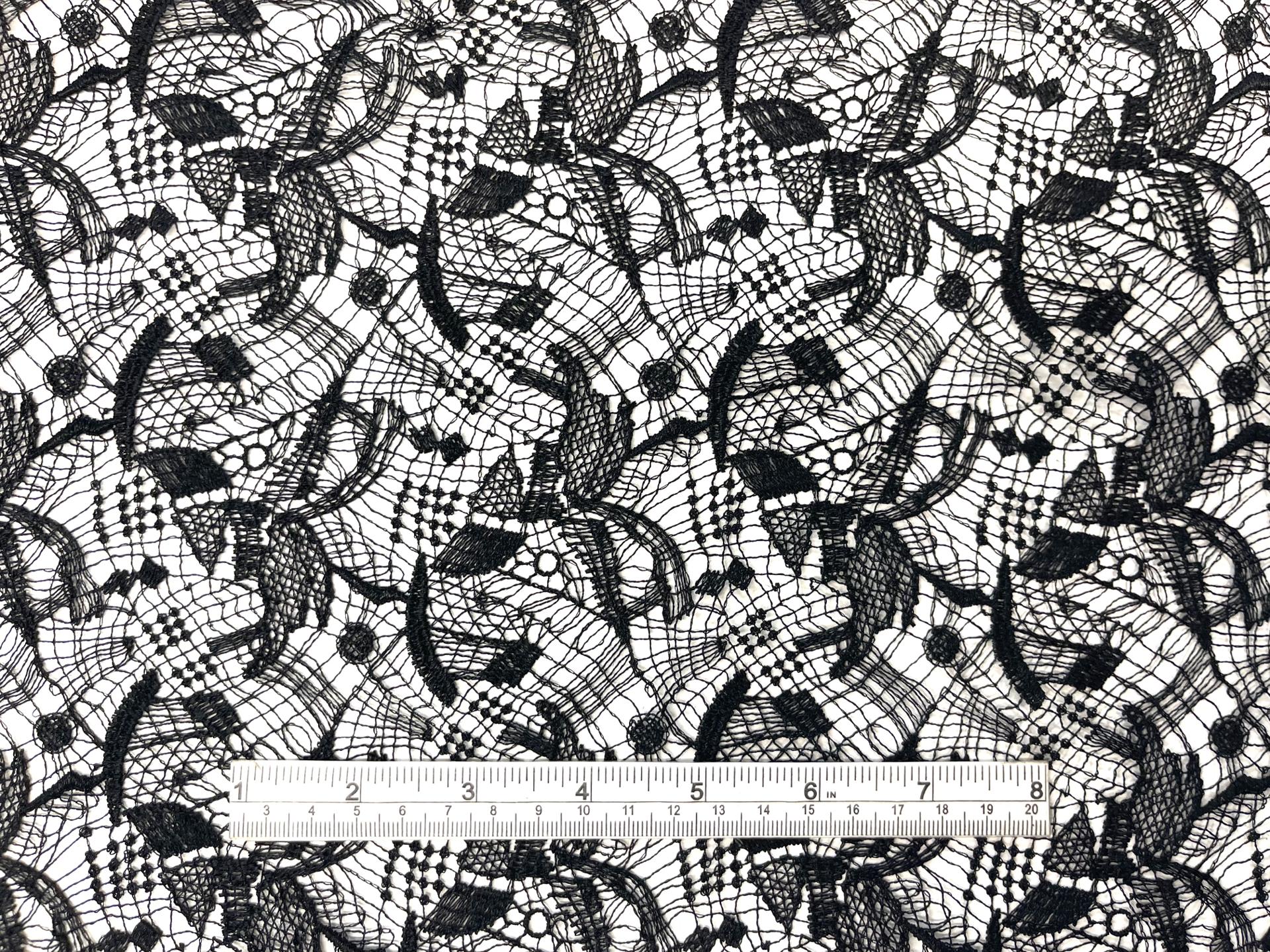 Single Scalloped Black Embroidered Lace in Artisan Brush Stroke Pattern