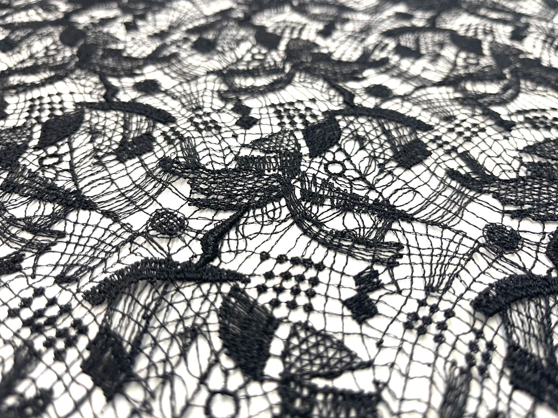 Single Scalloped Black Embroidered Lace in Artisan Brush Stroke Pattern