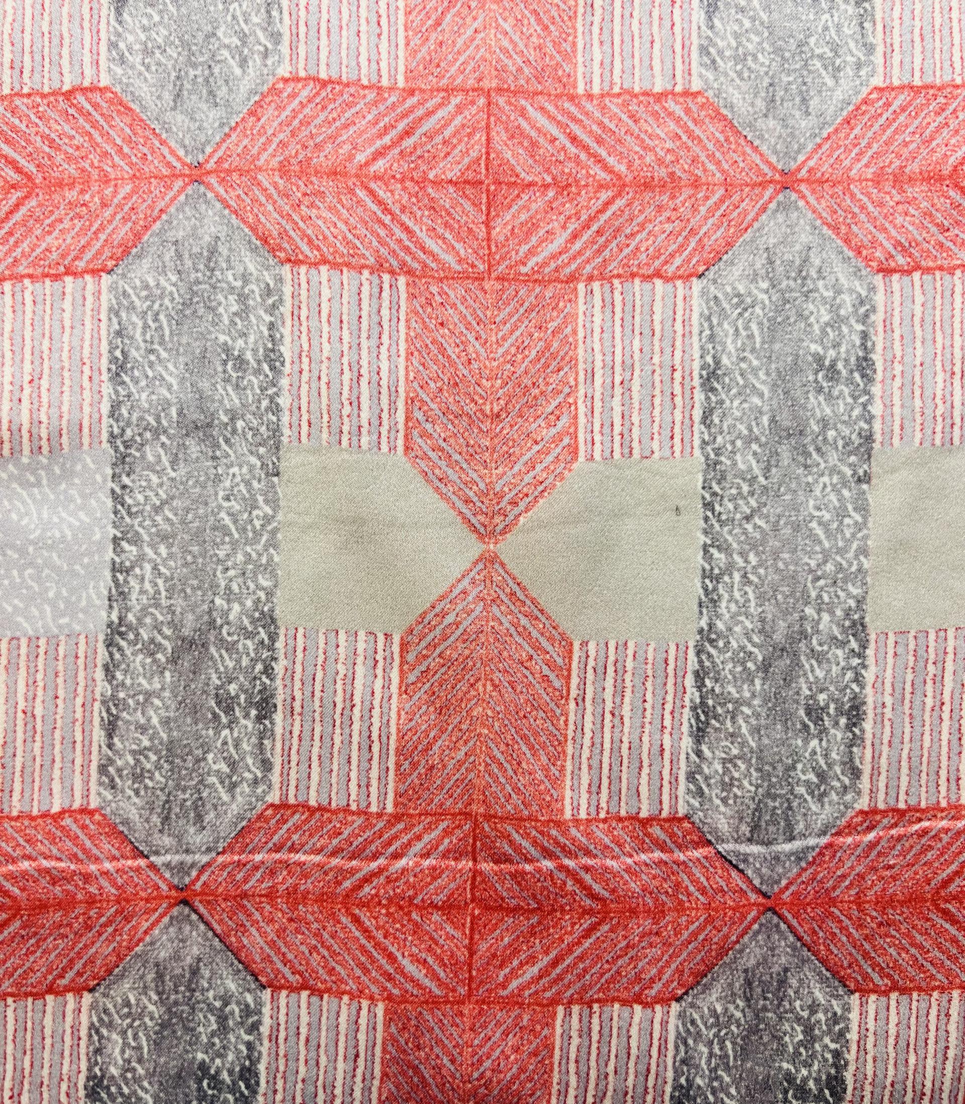 Italian Geometric Printed Pure Silk Charmeuse in Grey/Coral and Lavender