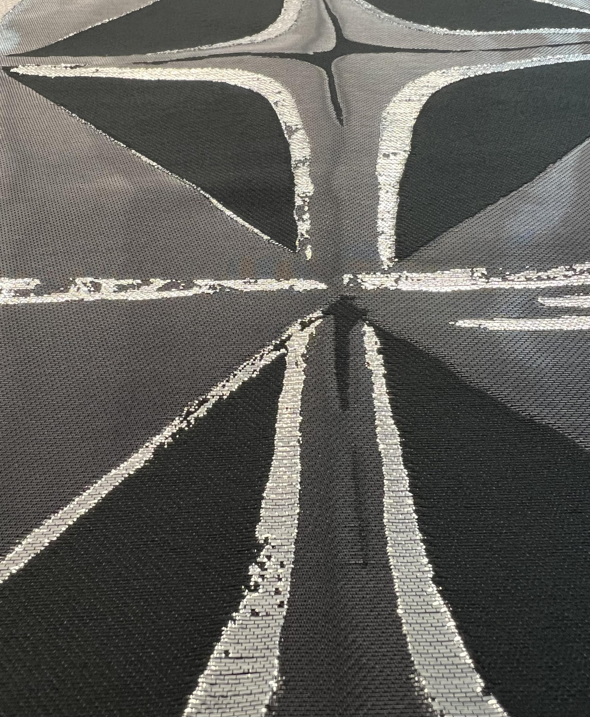 Geometric Lamé Liquid Fil Coupe Brocade in Silver Black