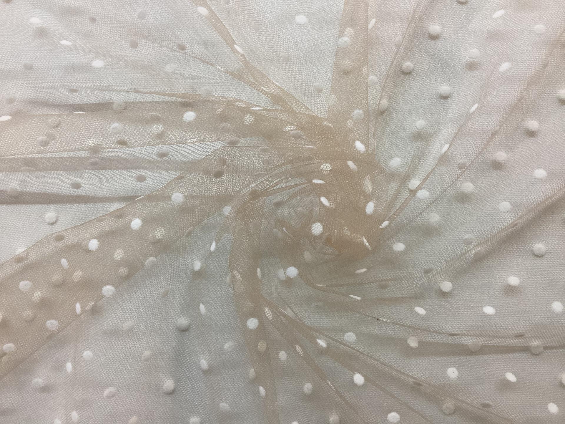 Flocked Nylon tulle in Nude with White Dots