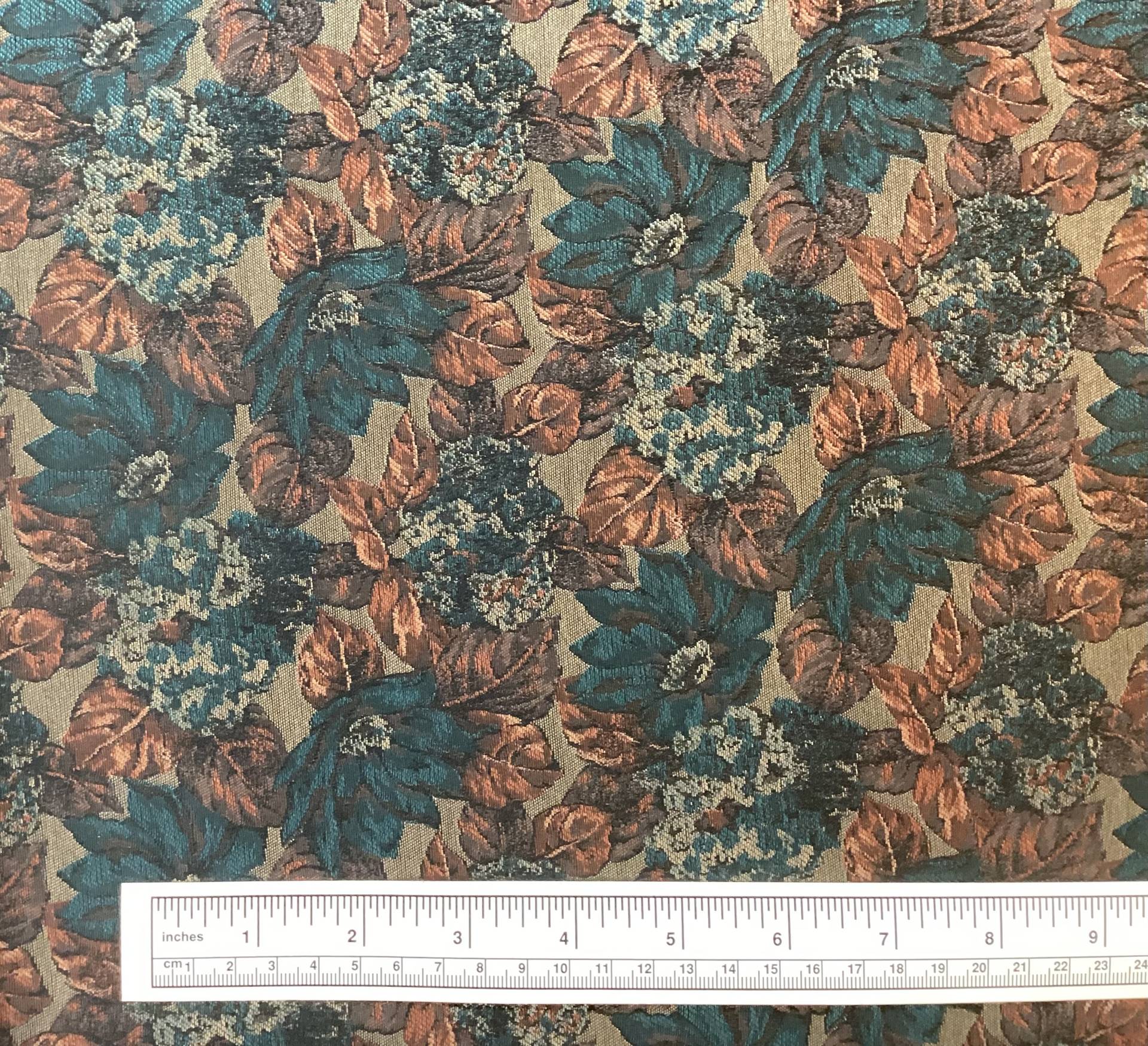 Made in Italy 100% Silk Tie Brocade with Teal & Rust Leaf Design