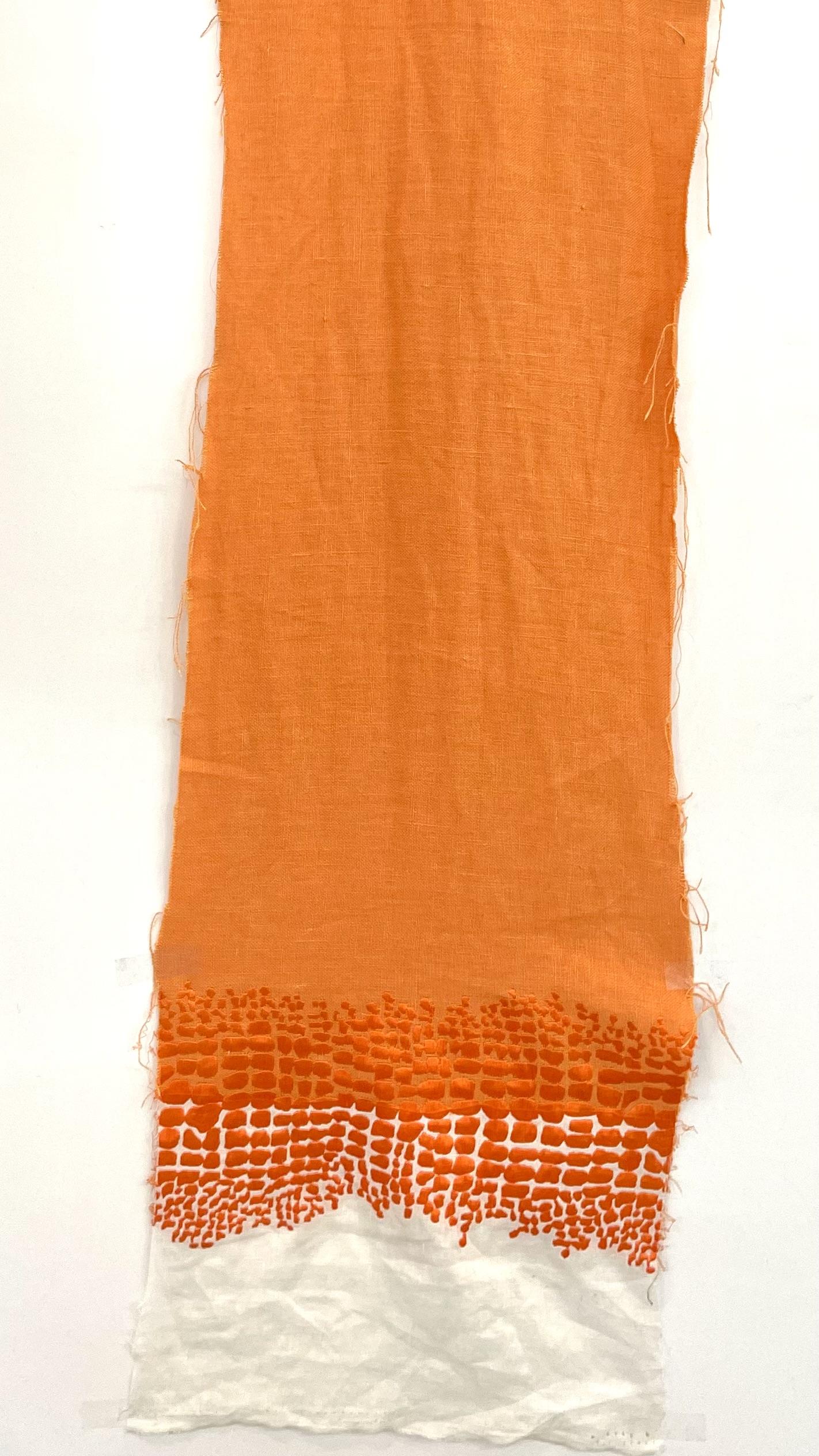 Embroidered Linen Border Design in Orange and Ecru