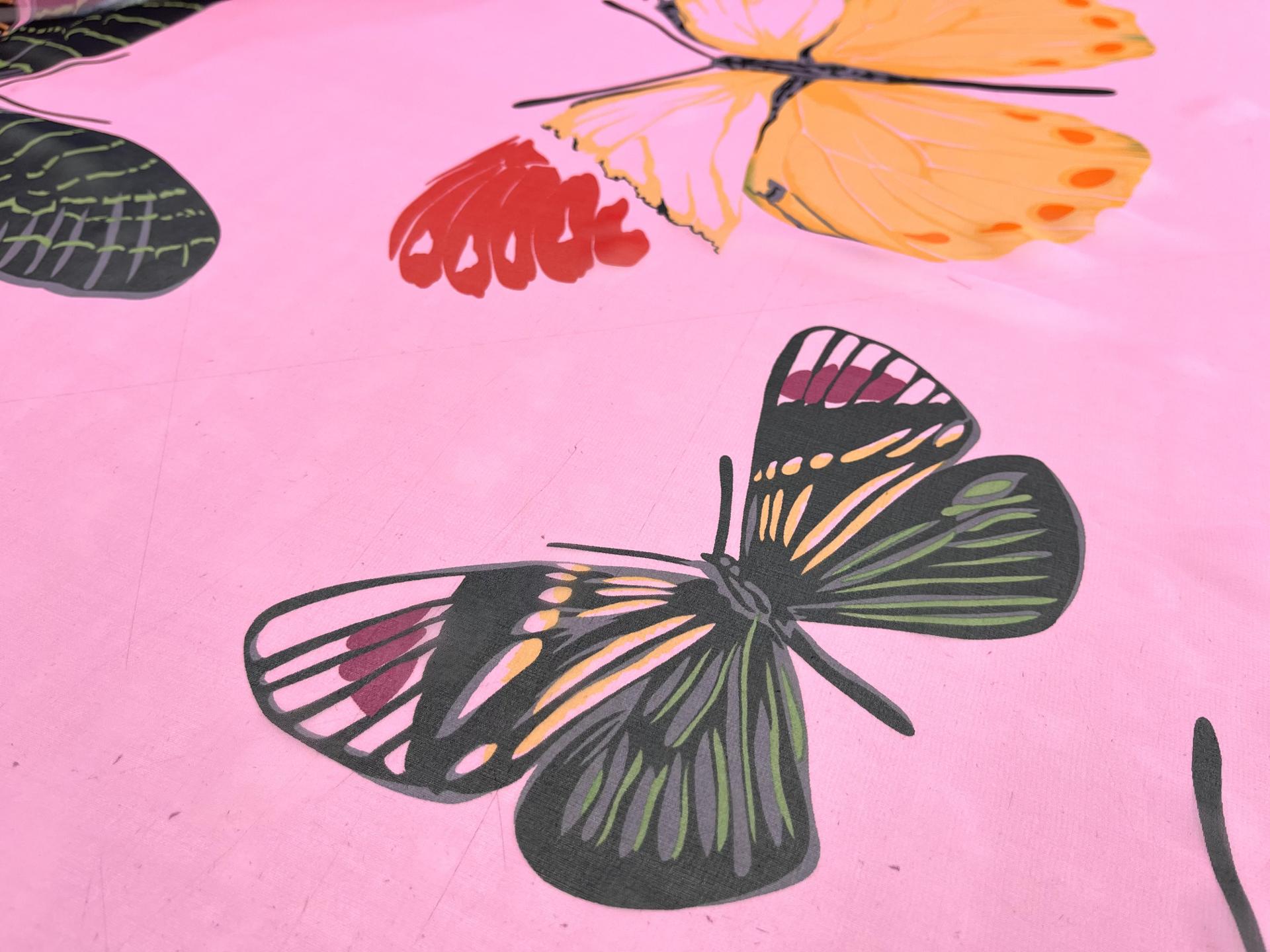 Silk Chiffon with Multicolor Butterflies Print On Pink Background