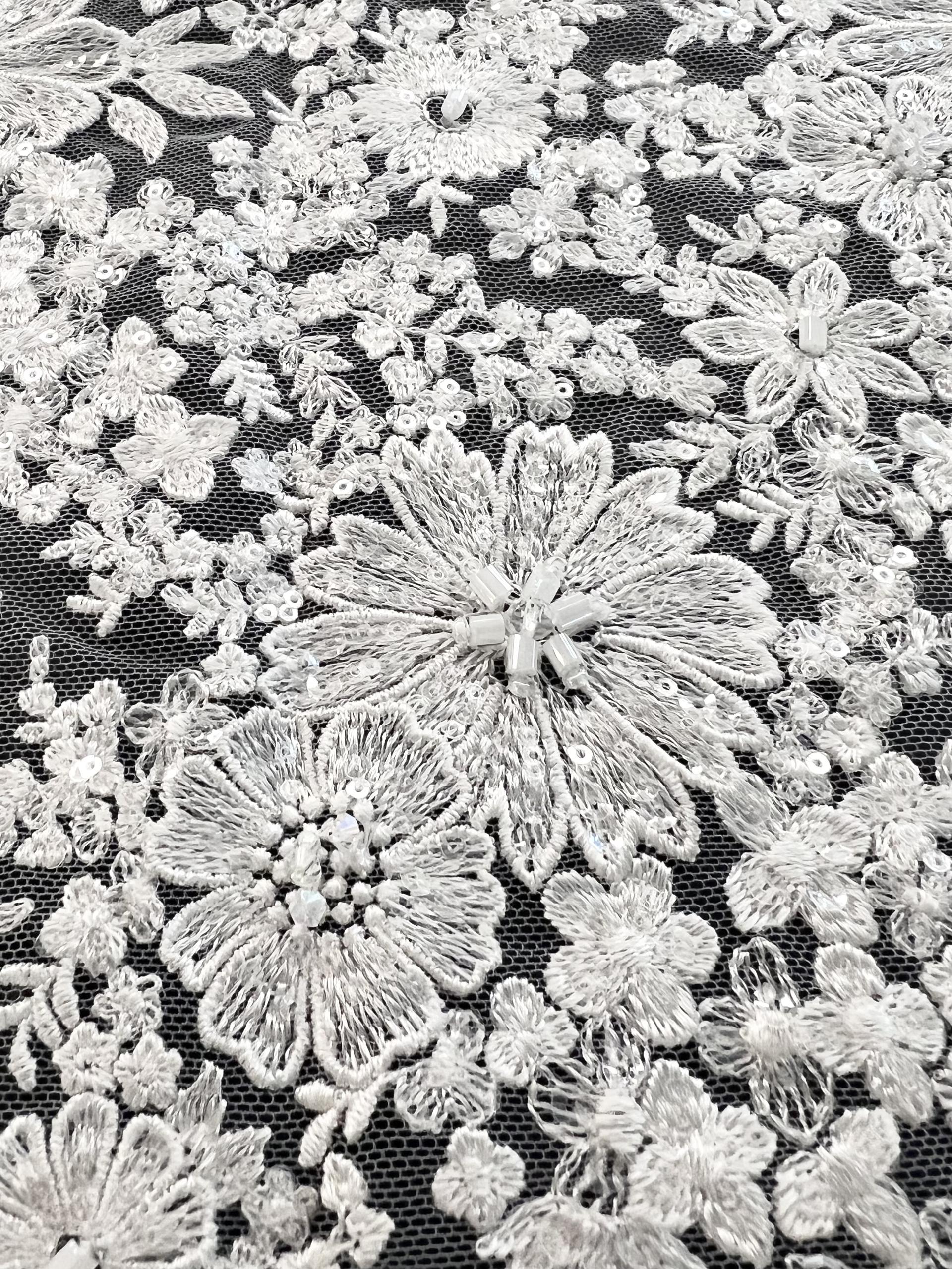 Embroidered Tulle with Micro Clear Sequin Oblong Beads and Crystal in Off White