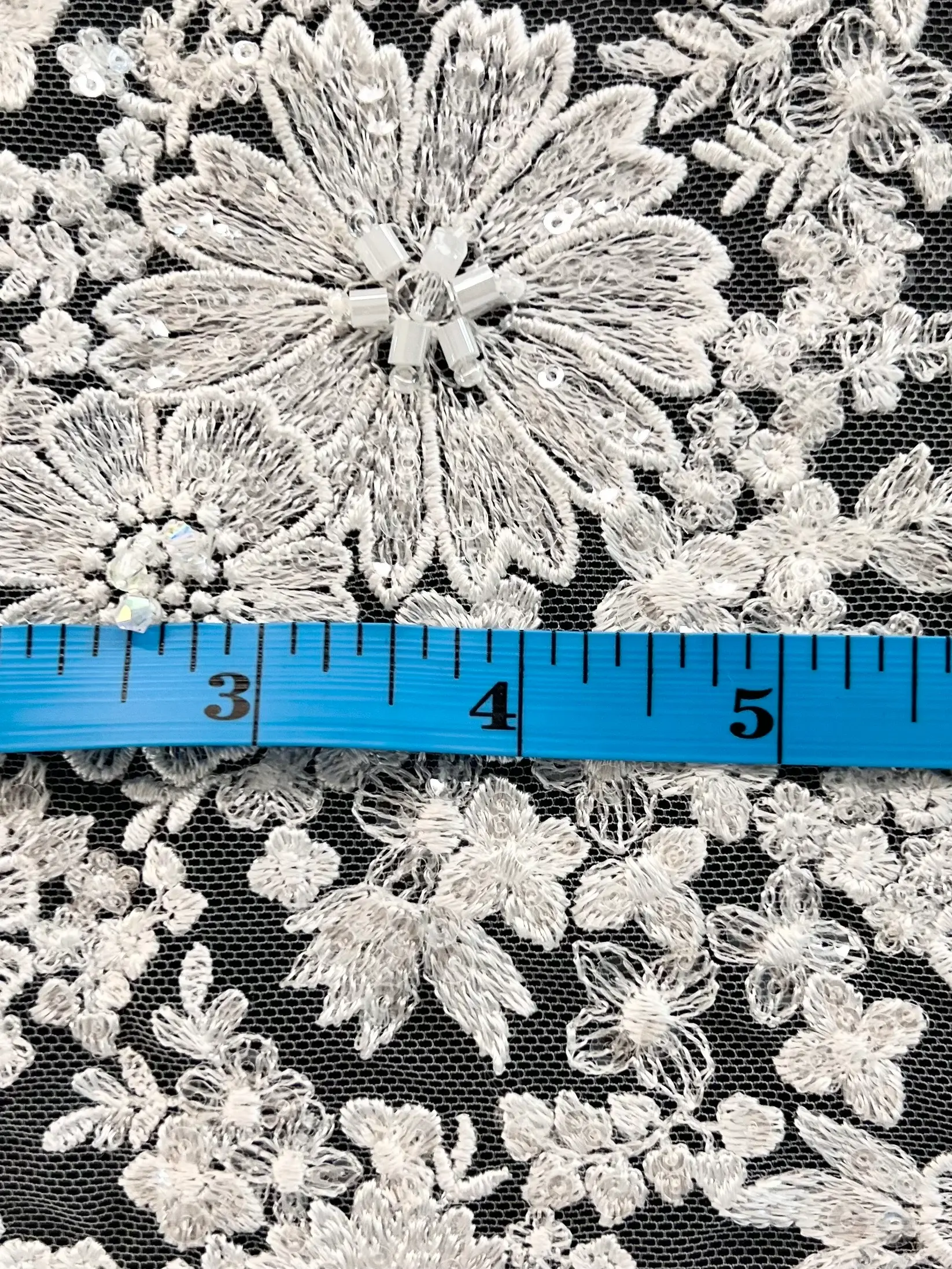 Embroidered Tulle with Micro Clear Sequin Oblong Beads and Crystal in Off White