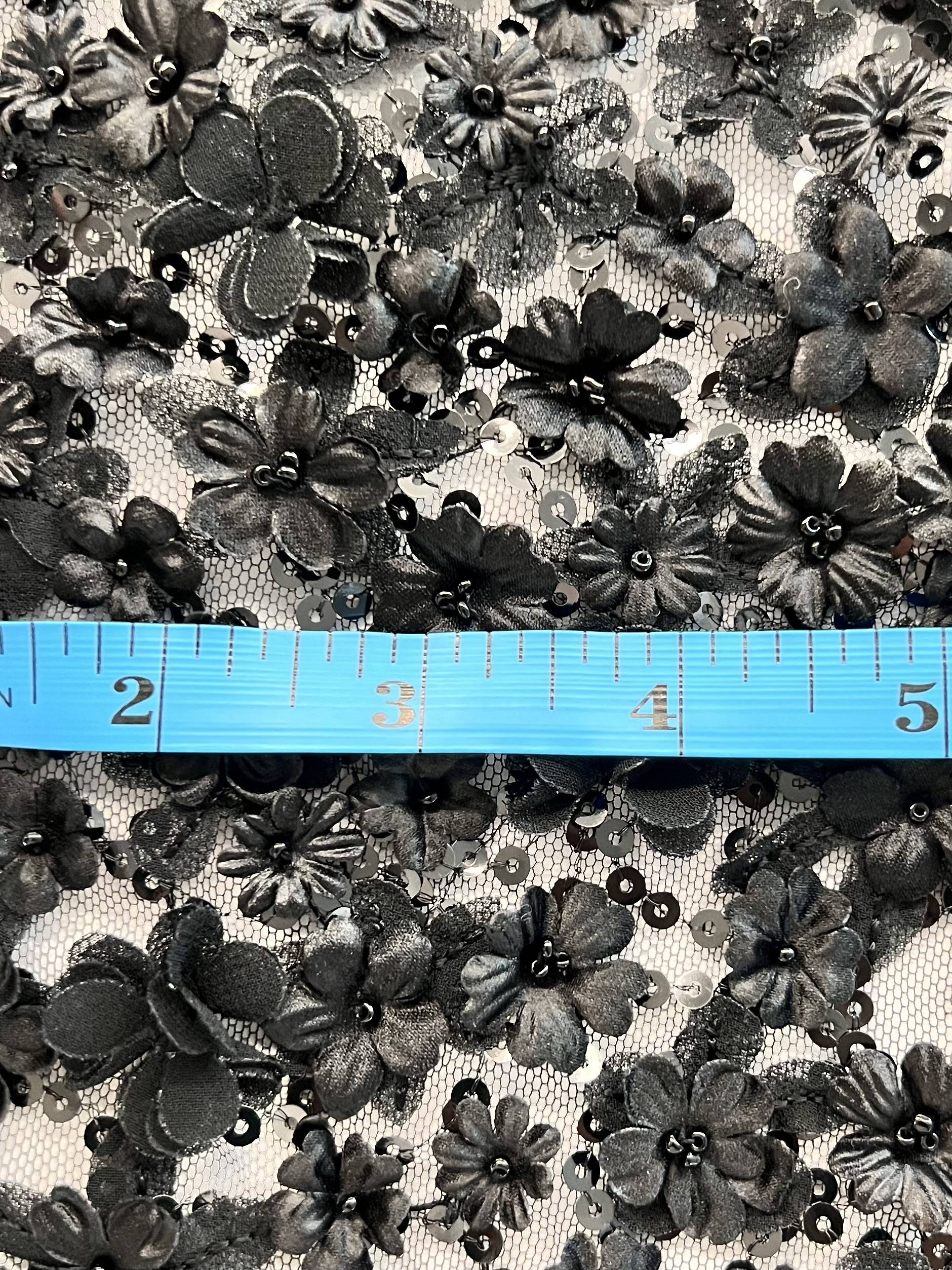 3D Appliqué Flowers and Sequins on Tulle in Black