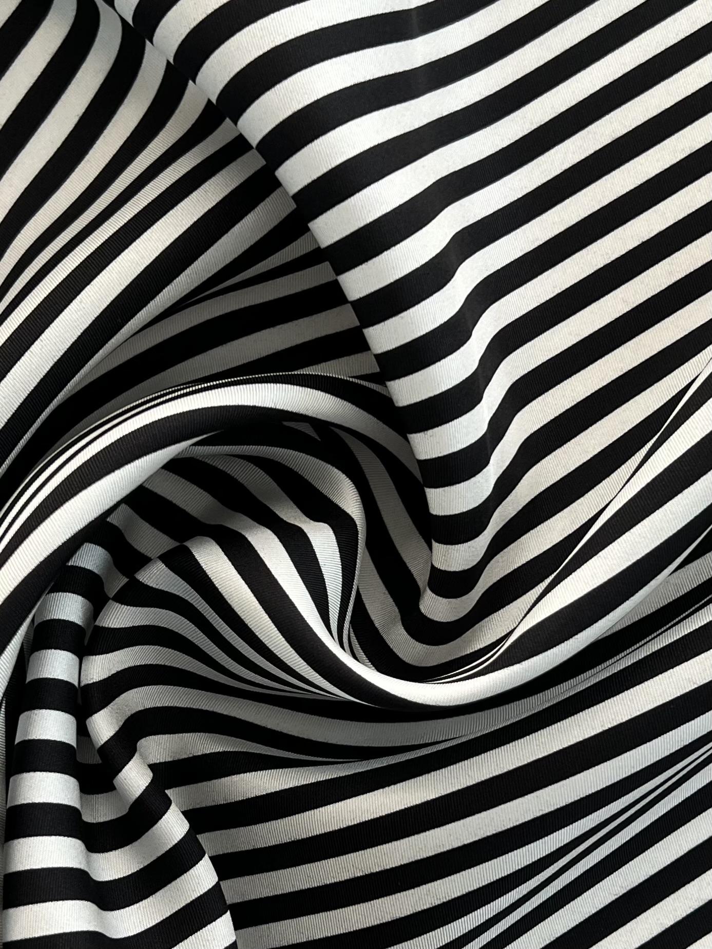 Printed Silk Twill in Diagonal Black & White Stripes