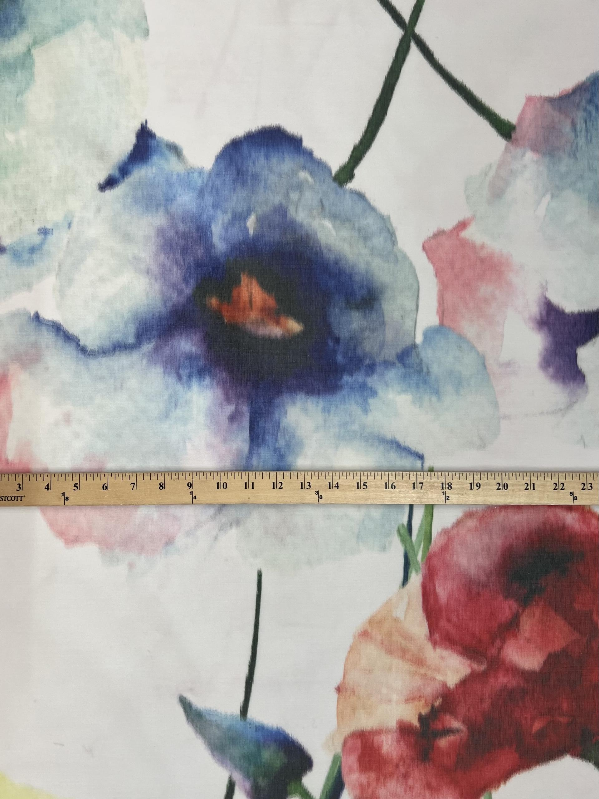 Textured Polyester Taffeta Oversized Floral Warp Print on White Ground