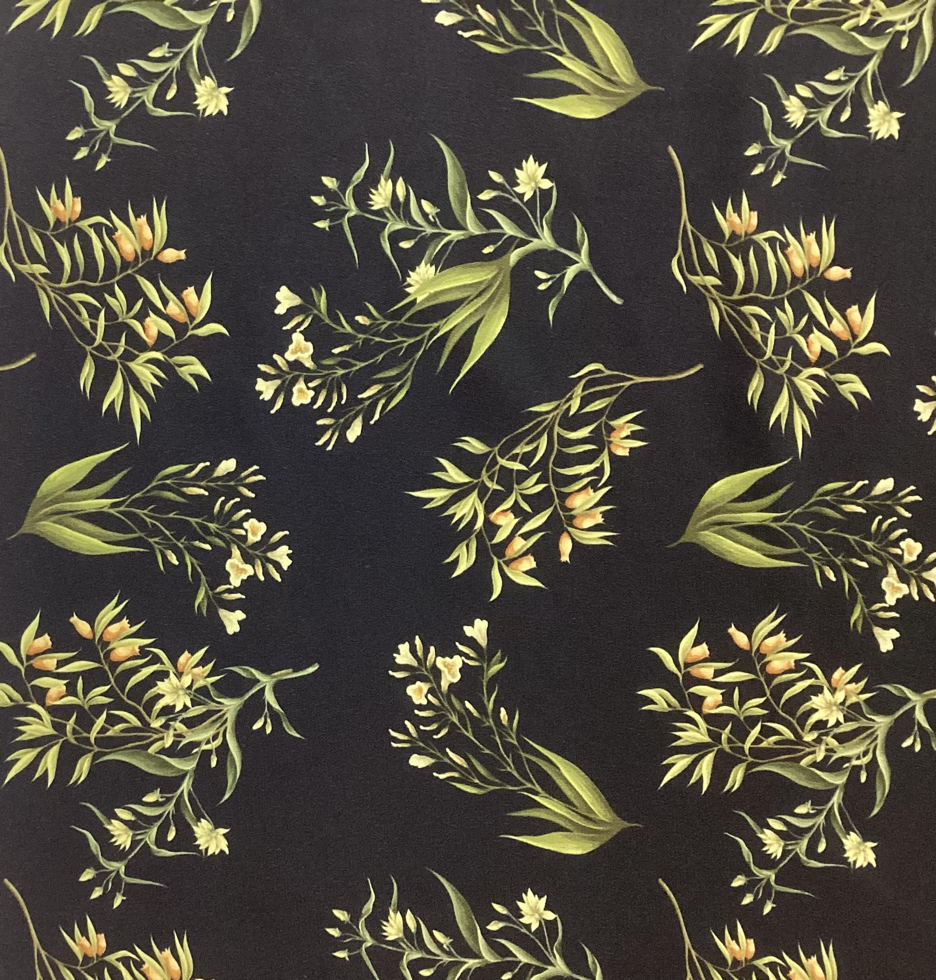 Made In Italy 100% Silk Crepe De Chine Floral Printed In Green/Yellow on Black Ground