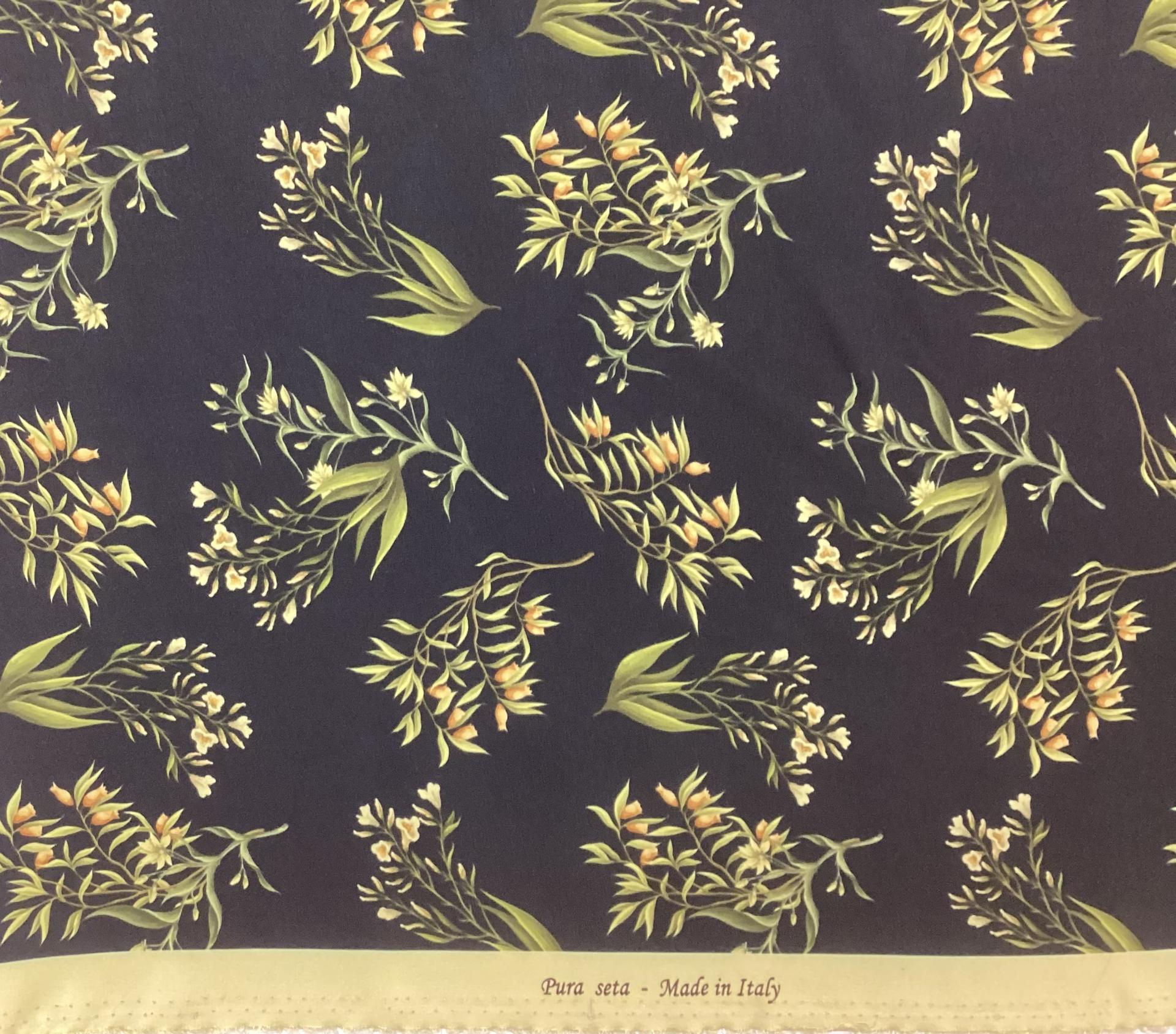 Made In Italy 100% Silk Crepe De Chine Floral Printed In Green/Yellow on Black Ground