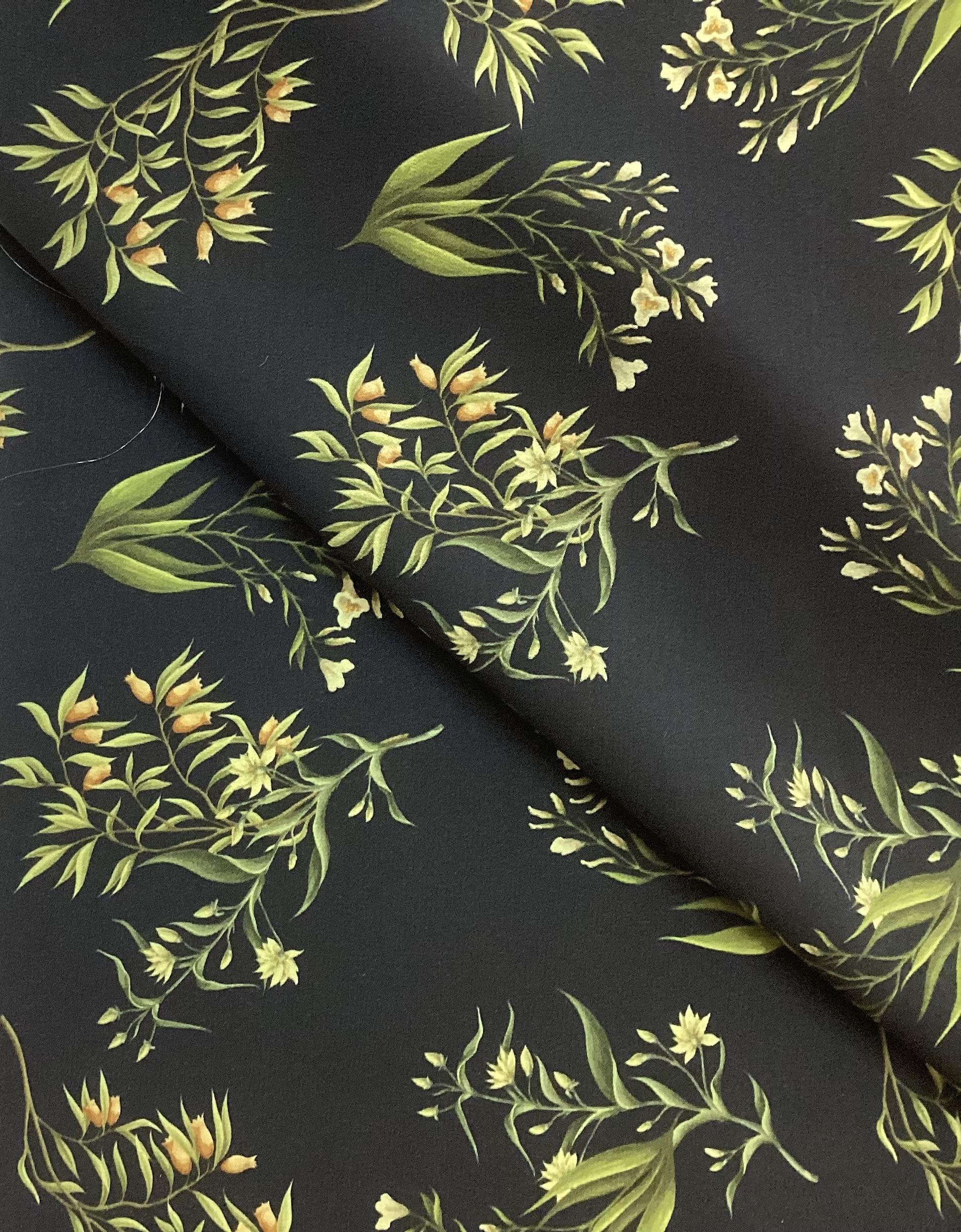 Made In Italy 100% Silk Crepe De Chine Floral Printed In Green/Yellow on Black Ground