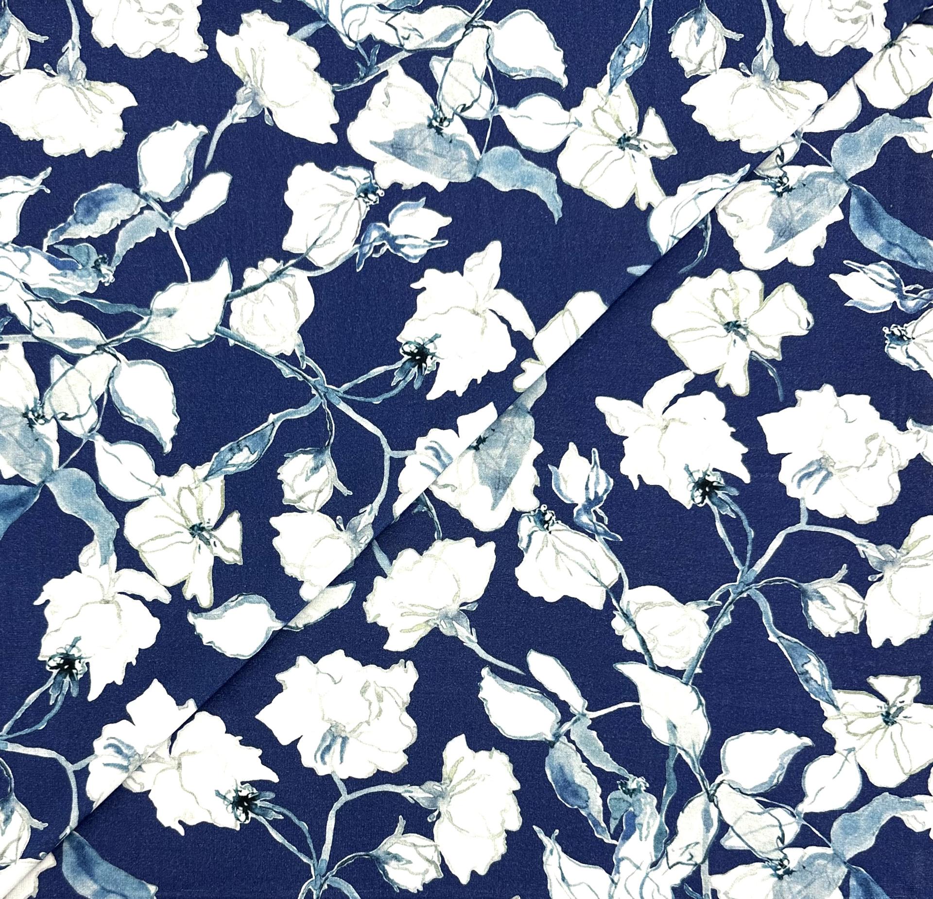 Ecovero Rayon Jersey Floral Print in Navy White