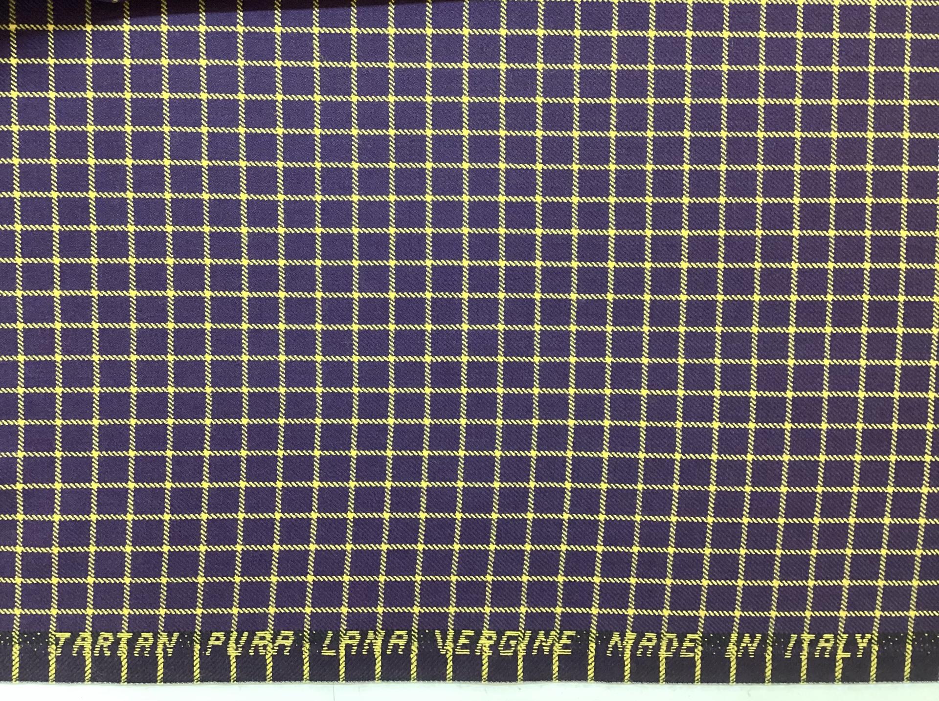 Made in Italy 100% Wool Windowpane In Golden Yellow On Eggplant