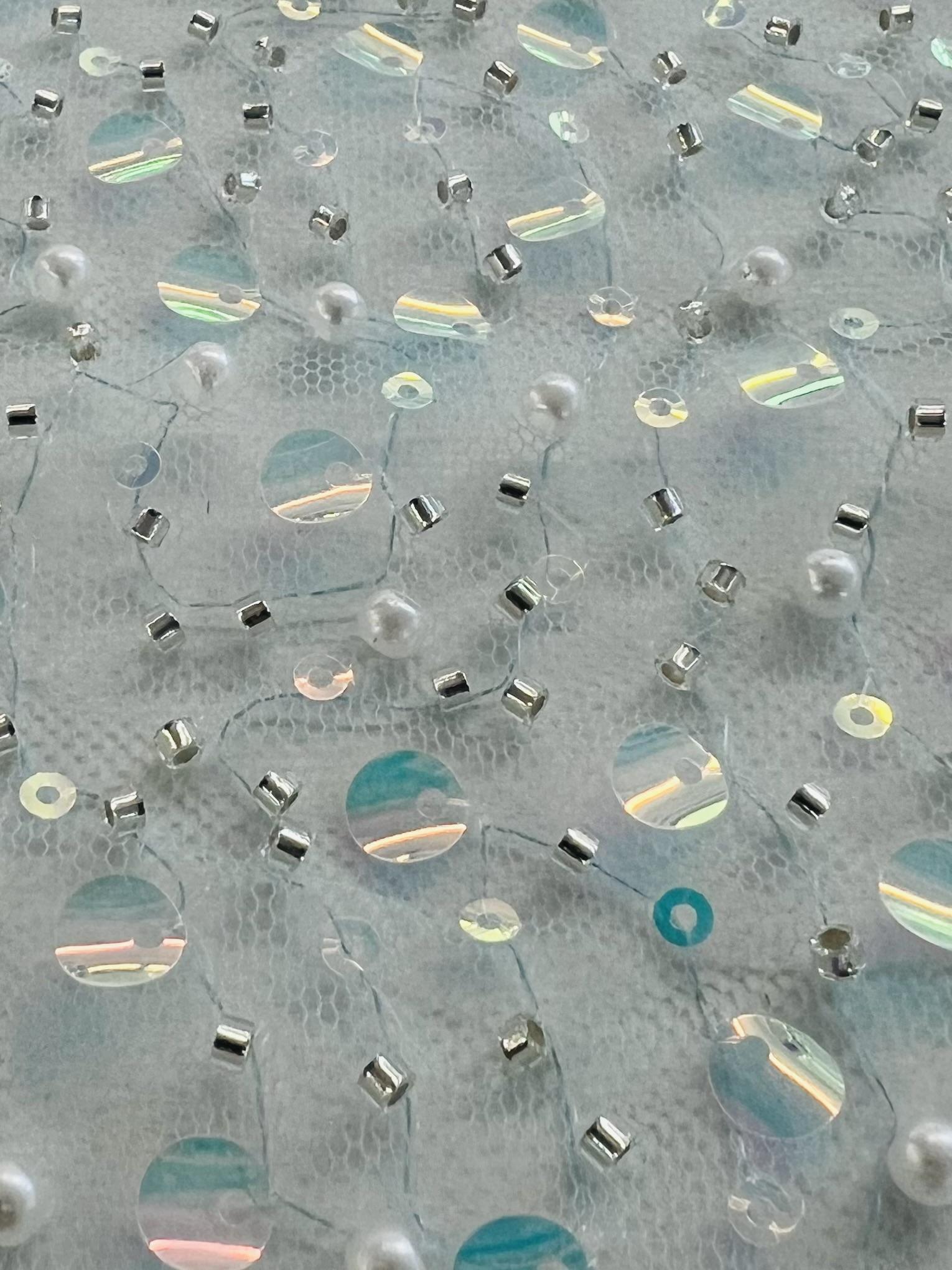 Opalescent Sequined Beaded Tulle in Turquoise