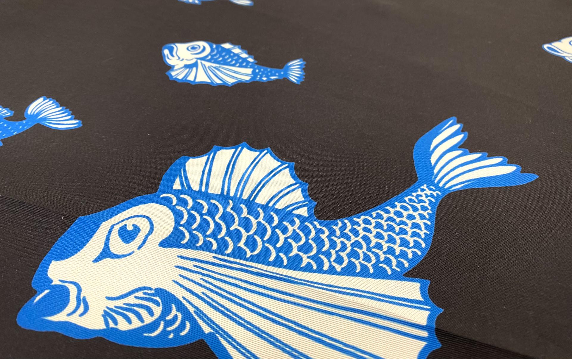 Italian Printed Silk Tissue Faille Fish Print in Black Blue White