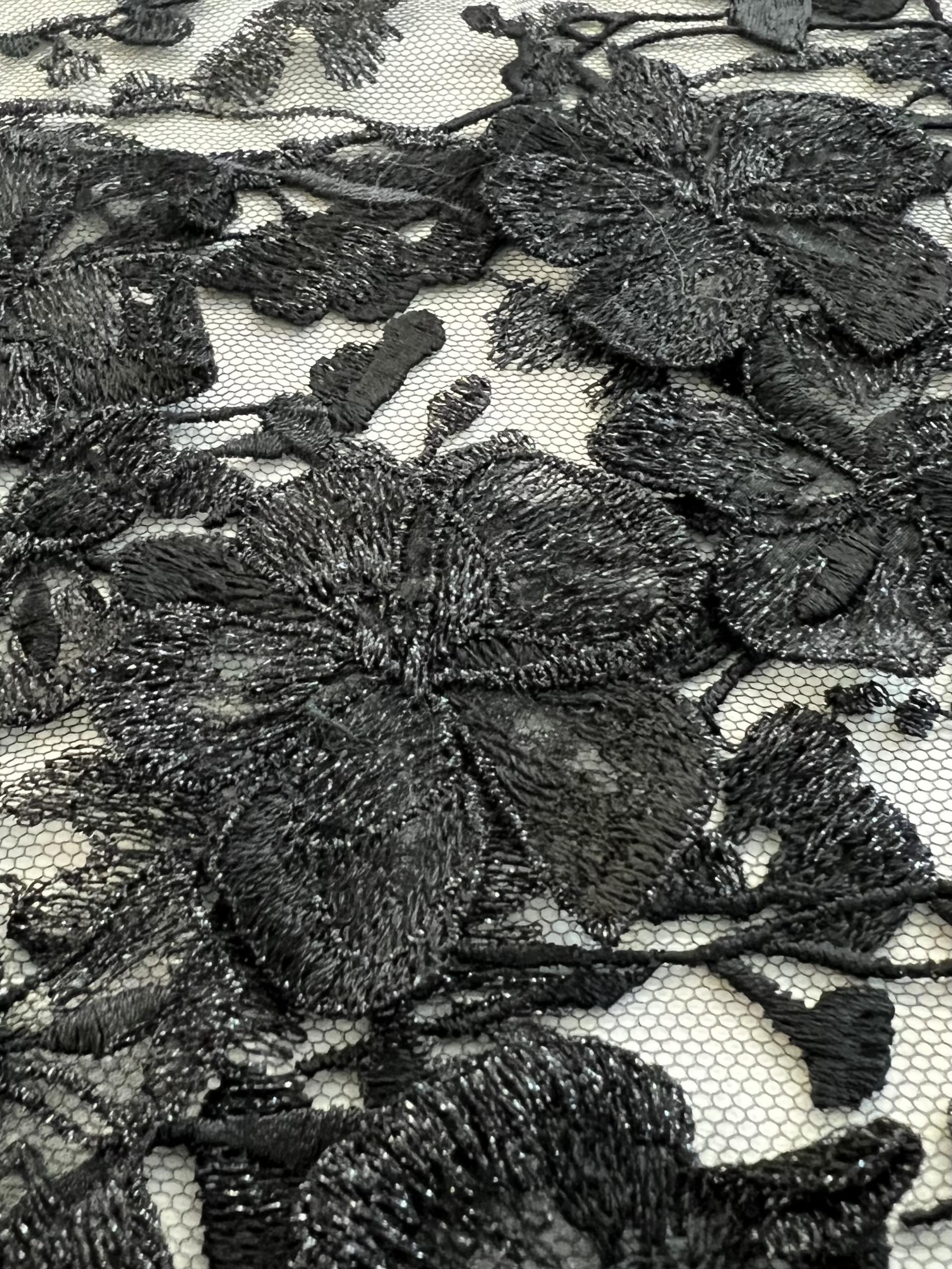 Embroidered Tulle with 3 D Flowers Appliqué in Black