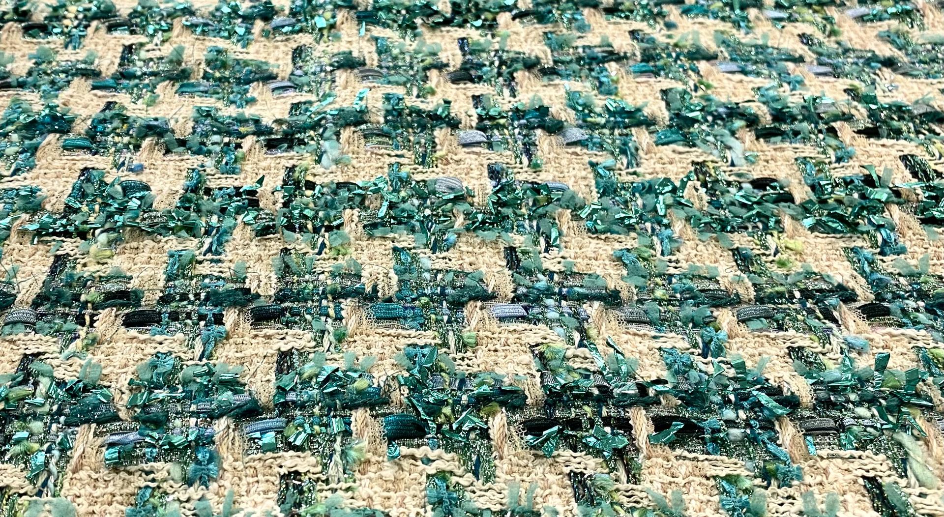 Italian Couture Cotton Blend Metallic Tweed in Turquoise