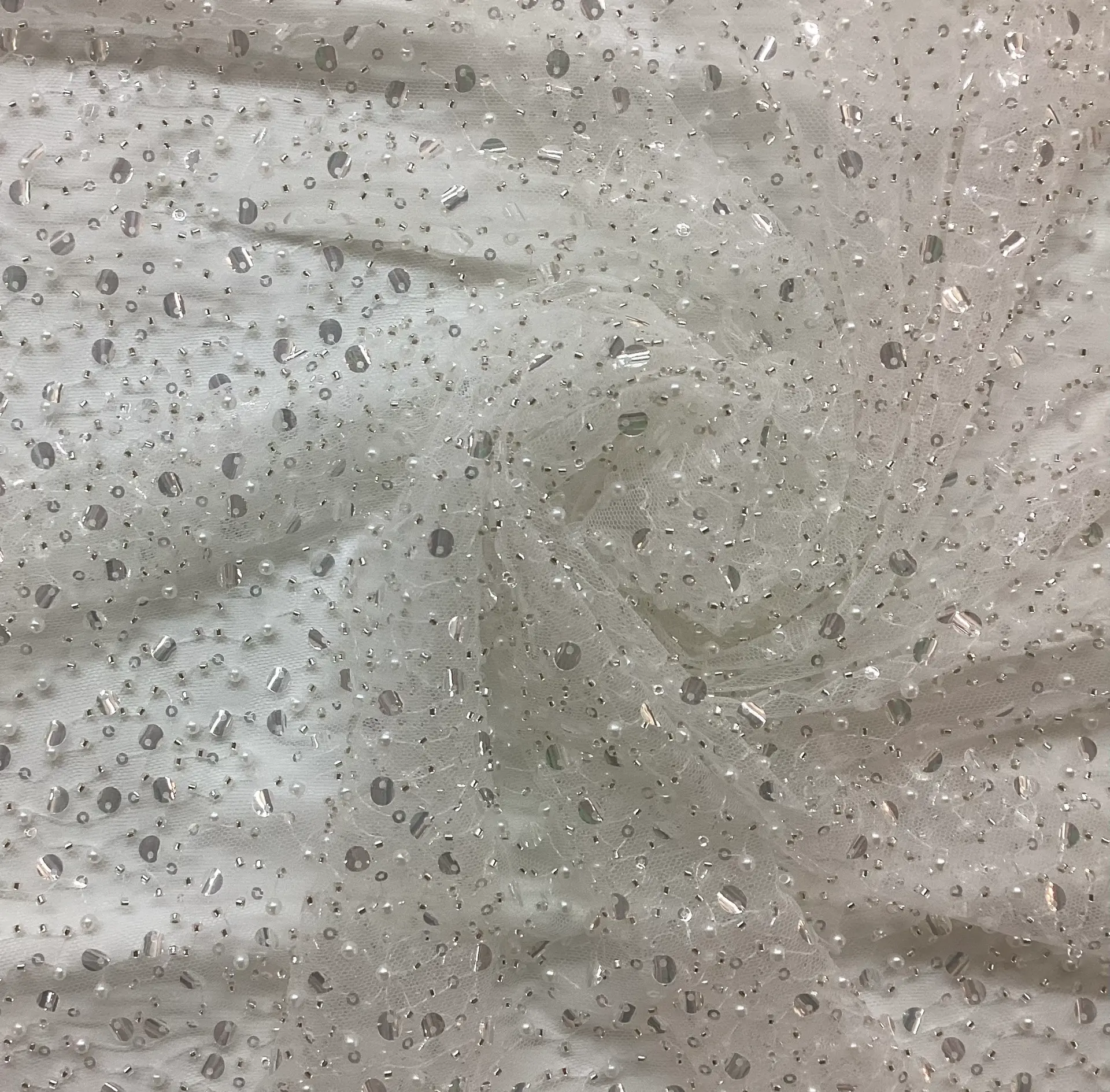 Sequined Beaded Tulle in White