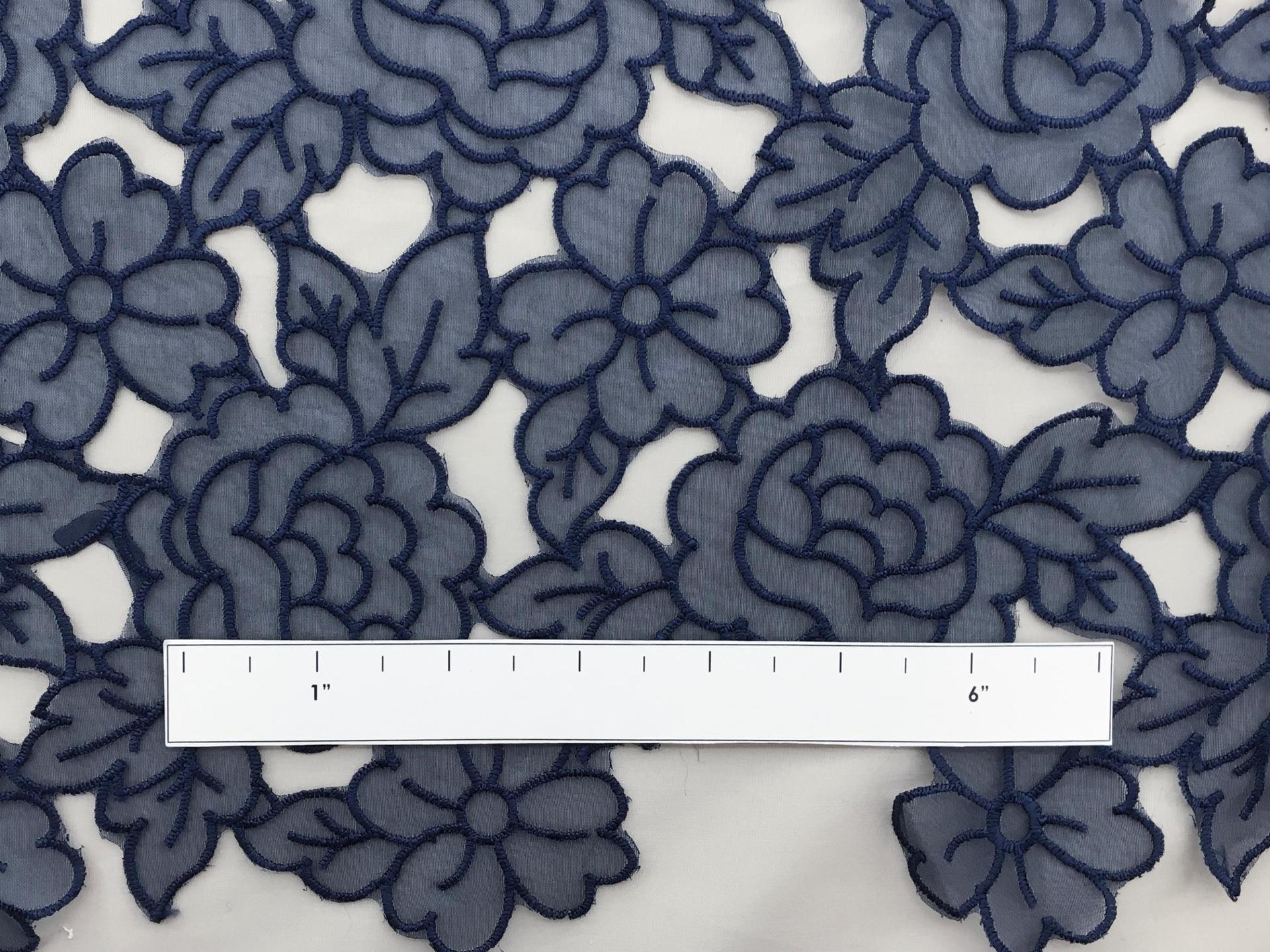 Embroidered Cut Out Polyester Organza with Rose Pattern in Navy1