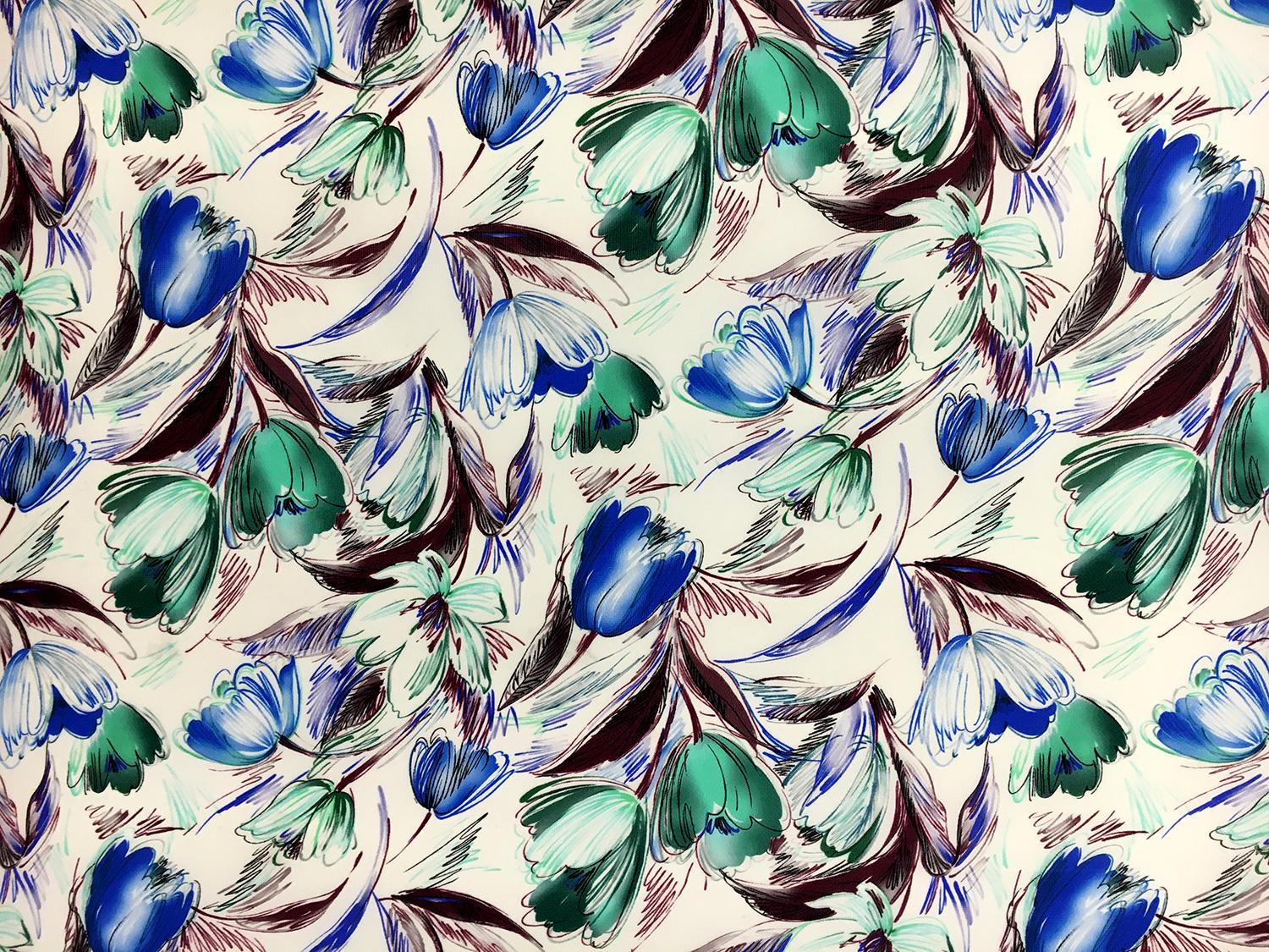 Printed Silk Gazar with Artistic Sketch Tulips