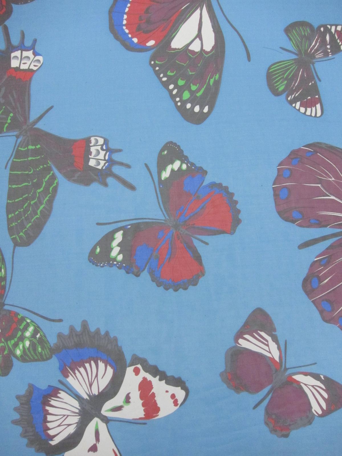 Printed Silk Chiffon Multicolor Butterfly On Light-Blue Background
