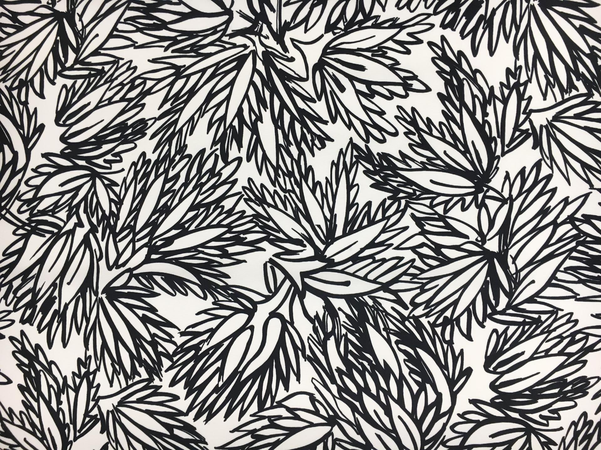Printed Cotton Viscose Faille with Sketched Black and White Leaves