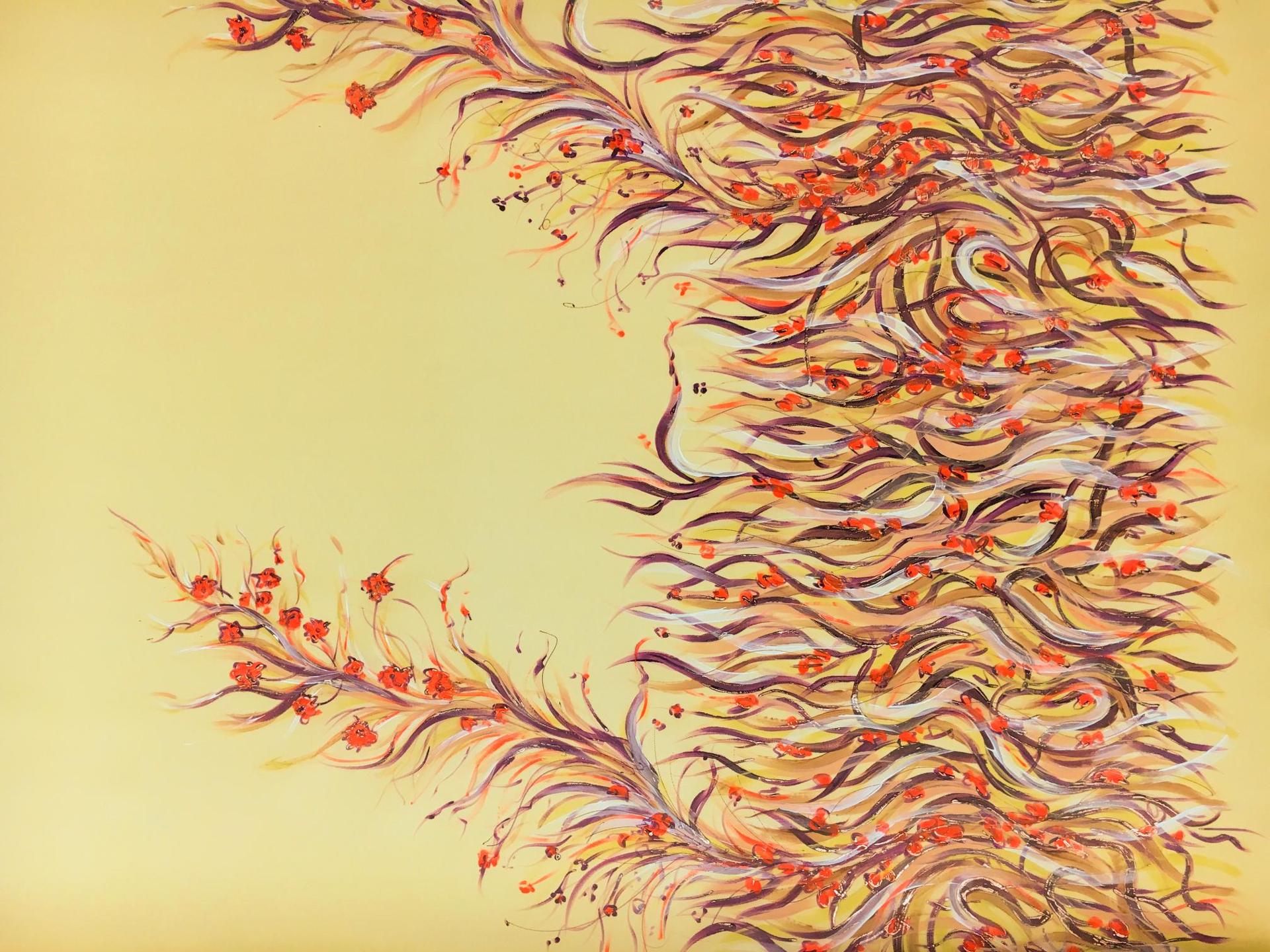 Hand Painted Silk Gazar with Leaves and Small Flowers0